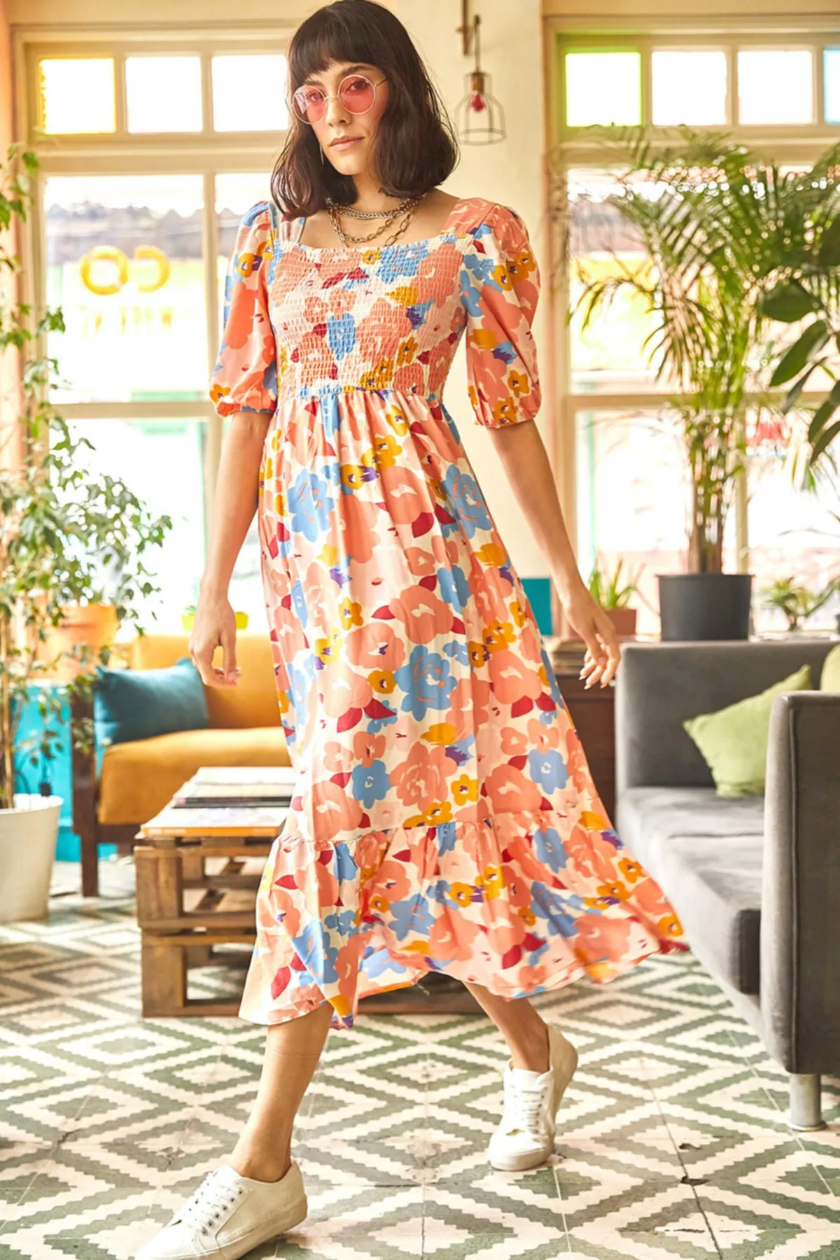 Olalook  Ecru Lachs Gimped Lässiges Kleid aus gewebter Viskose für Damen ELB-19001483