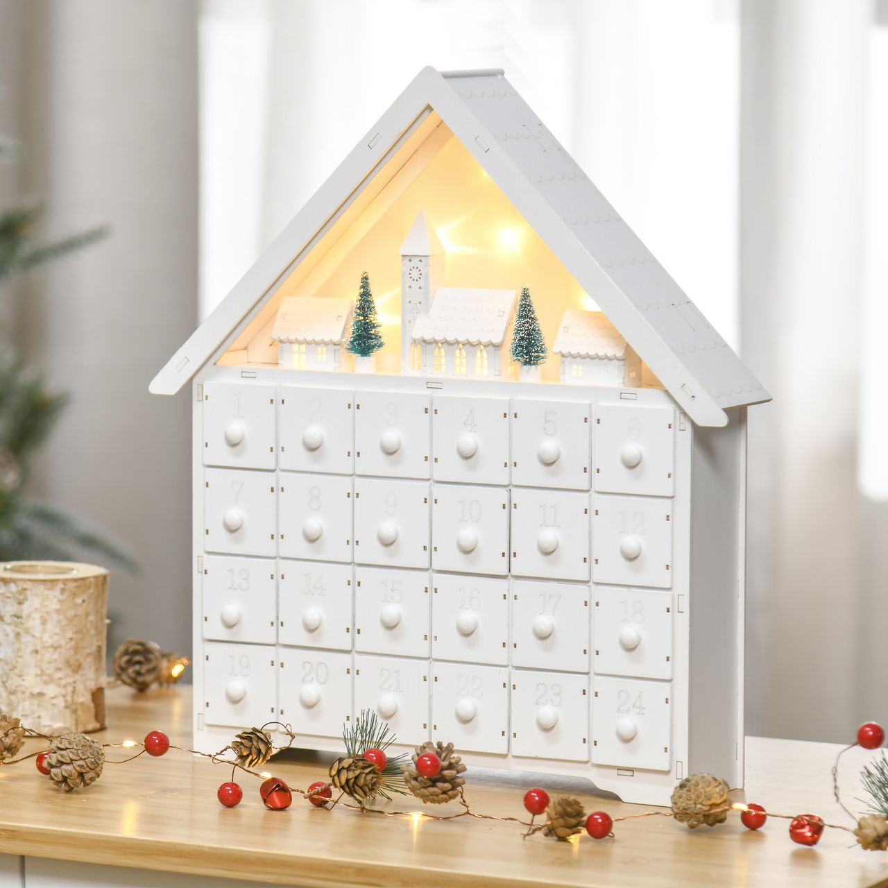 HOMCOM Adventskalender Weihnachtsdekoration 24 Schubladen LED klassisch