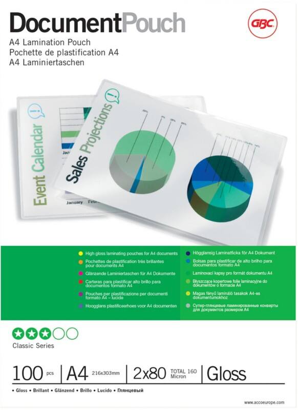 GBC Document Laminierfolien DIN A4 Glänzend 80 Mikron (2 x 80) Transparent 100 Stück