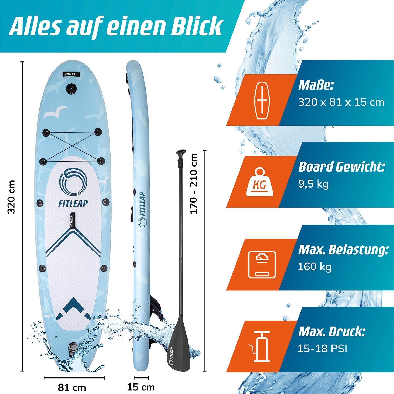KLAMER SUP-Board Fitleap Premium Stand Up Paddle Board aufblasbar - SUP Board Set mit …