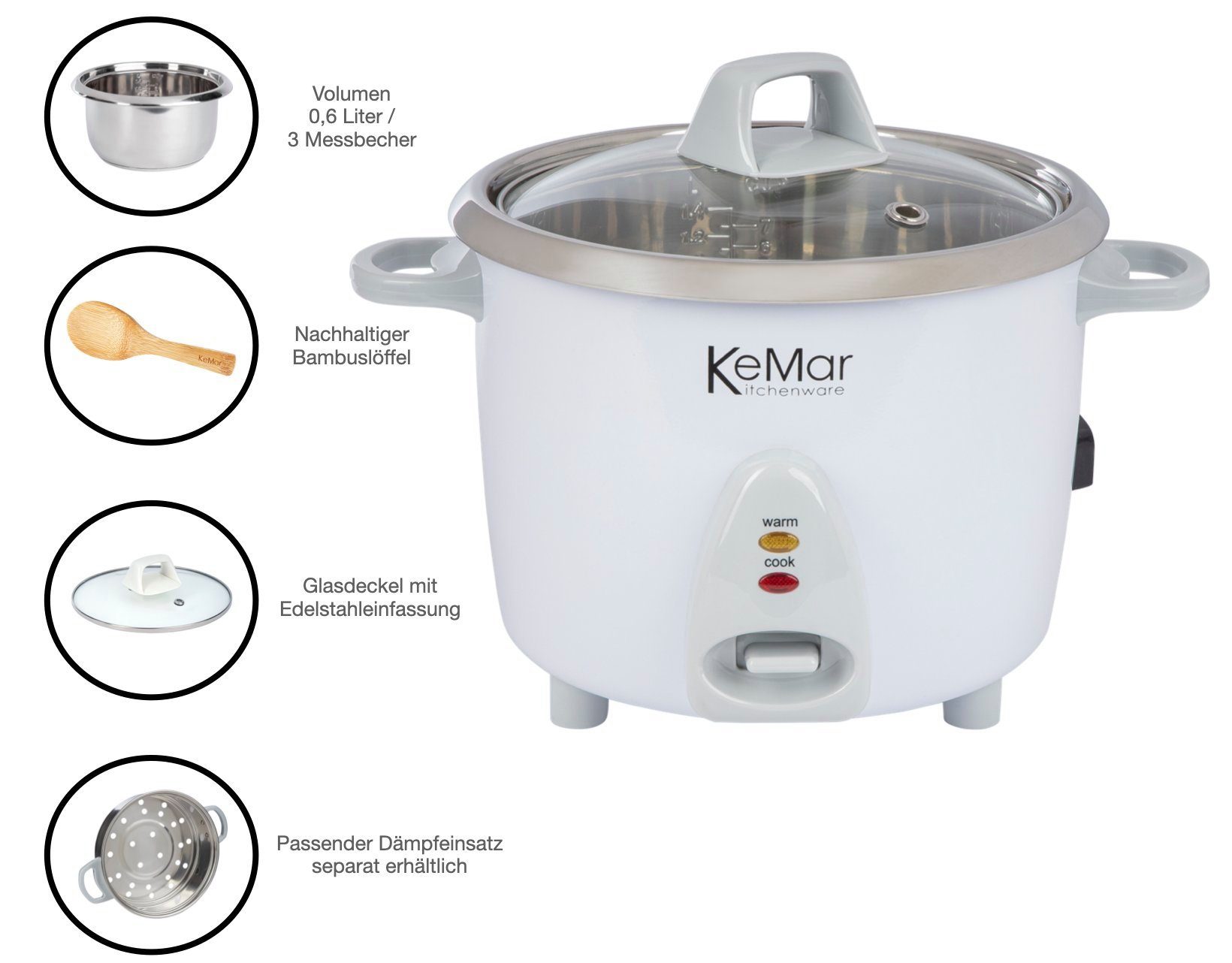 KeMar Kitchenware Reiskocher KRC-100, 300 W, Reiskocher mit Edelstahltopf
