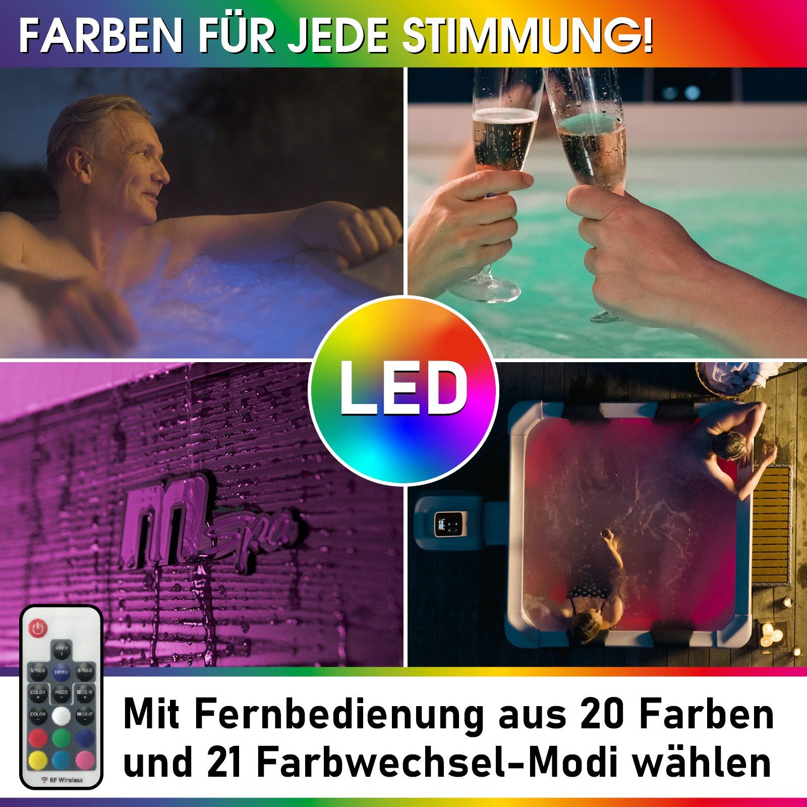 BRAST Whirlpool MSpa Oslo mit Fester Außenwand, LED-Beleuchtung mit 20 Farben, (für 6 Personen, 160x160x65cm, 120 Massagedüsen), Ganzjähriger Einsatz Winterfest, In & Outdoor Pool