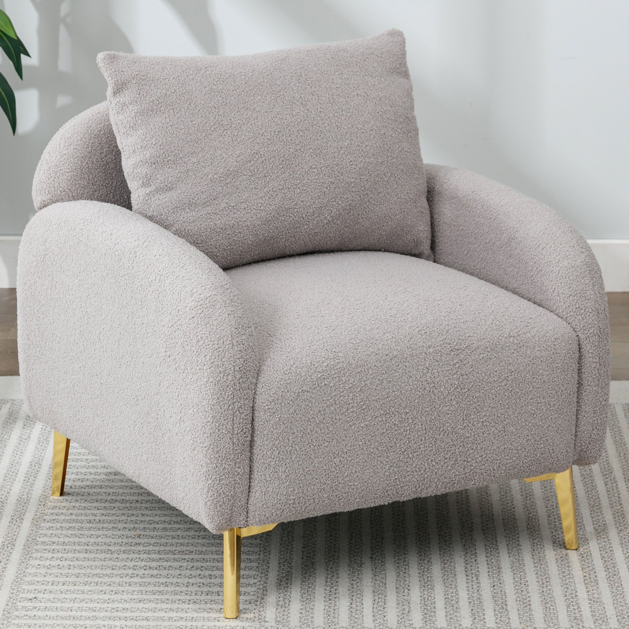 OKWISH Sessel Loungesessel Polstersessel Armlehnensessel Freizeitsessel Einzelsessel (Moderner und schlichter Teddy-Samtstuhl, mit Kissen, extra großer Einzelsessel mit breiter Sitzfläche), tiefer Sitzfläche, roségoldene Sofabeine
