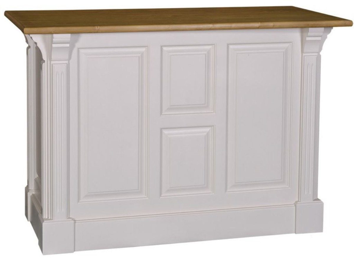 Casa Padrino Barschrank Landhausstil Theke Hellgrau / Naturfarben 140 x 68 x H. 95 cm - Thekentisch mit Eichenholz Tischplatte