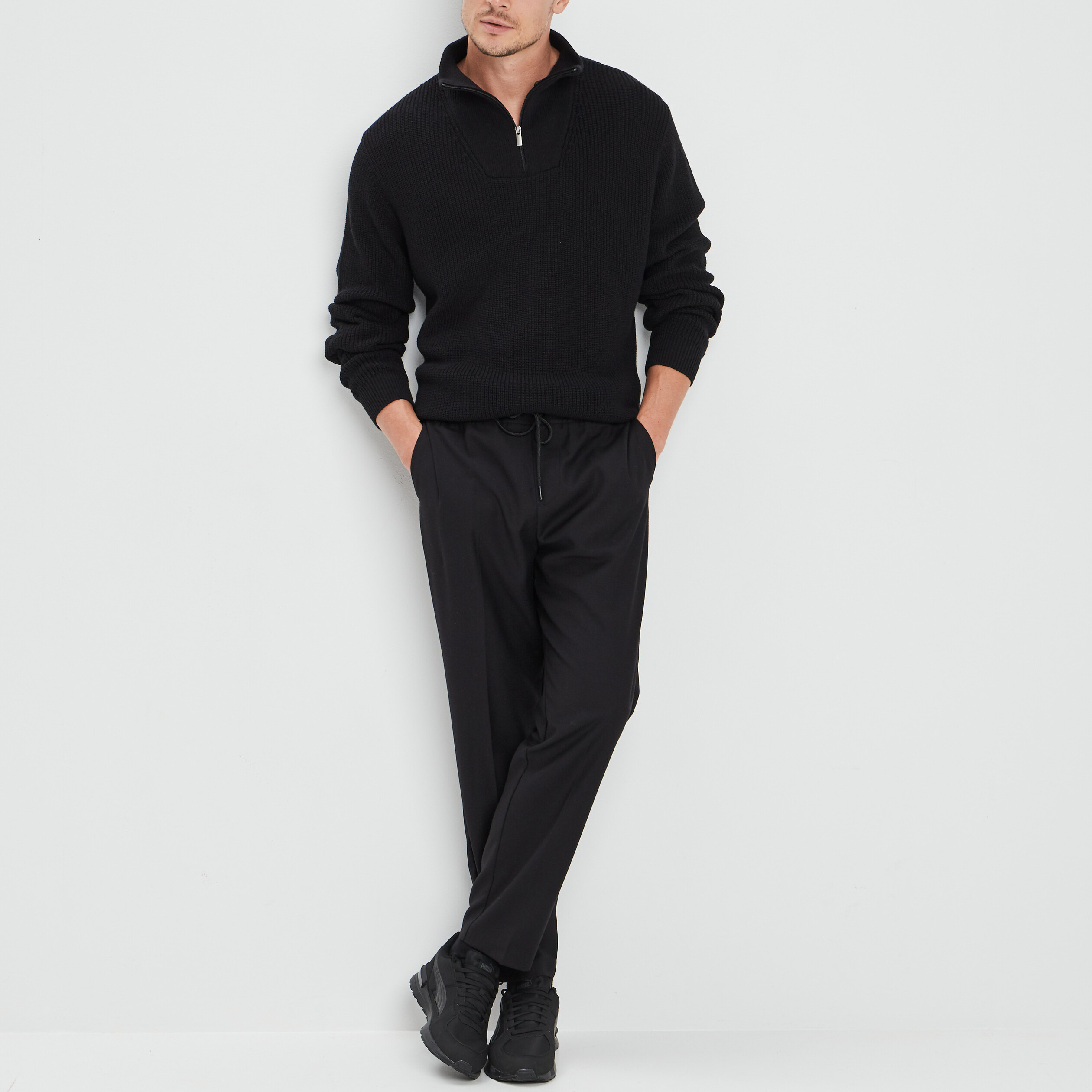 Pull camionneur zippé noir homme | La Halle