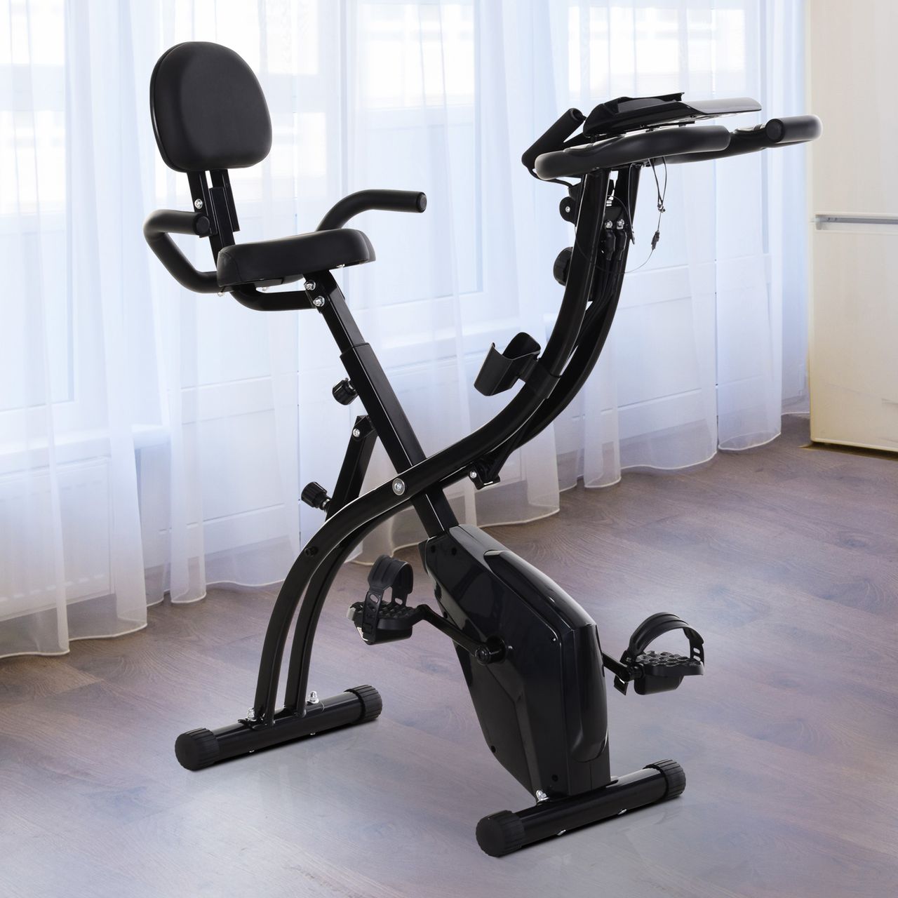 HOMCOM Heimtrainer X-Bike Fahrradtrainer LCD-Display klappbar Schwarz