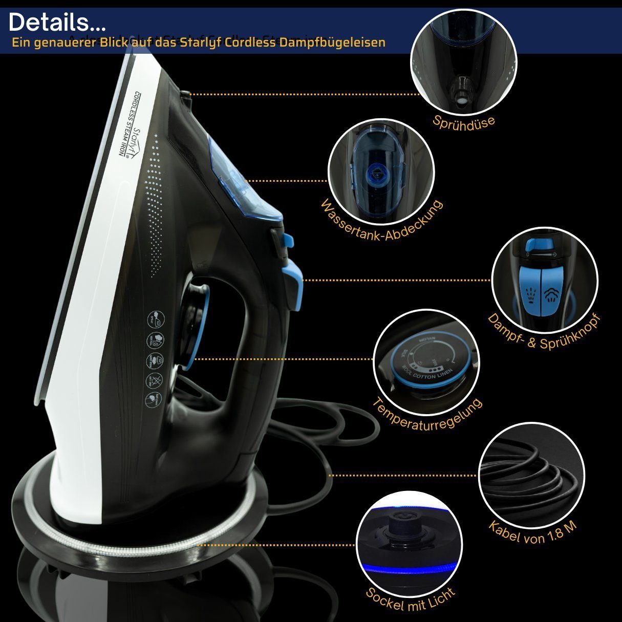 Starlyf Dampfbügeleisen Cordless Steam Iron, 2400 W, kabelloses Bügeleisen, Sohle mit keramischer Antihaftbeschichtung