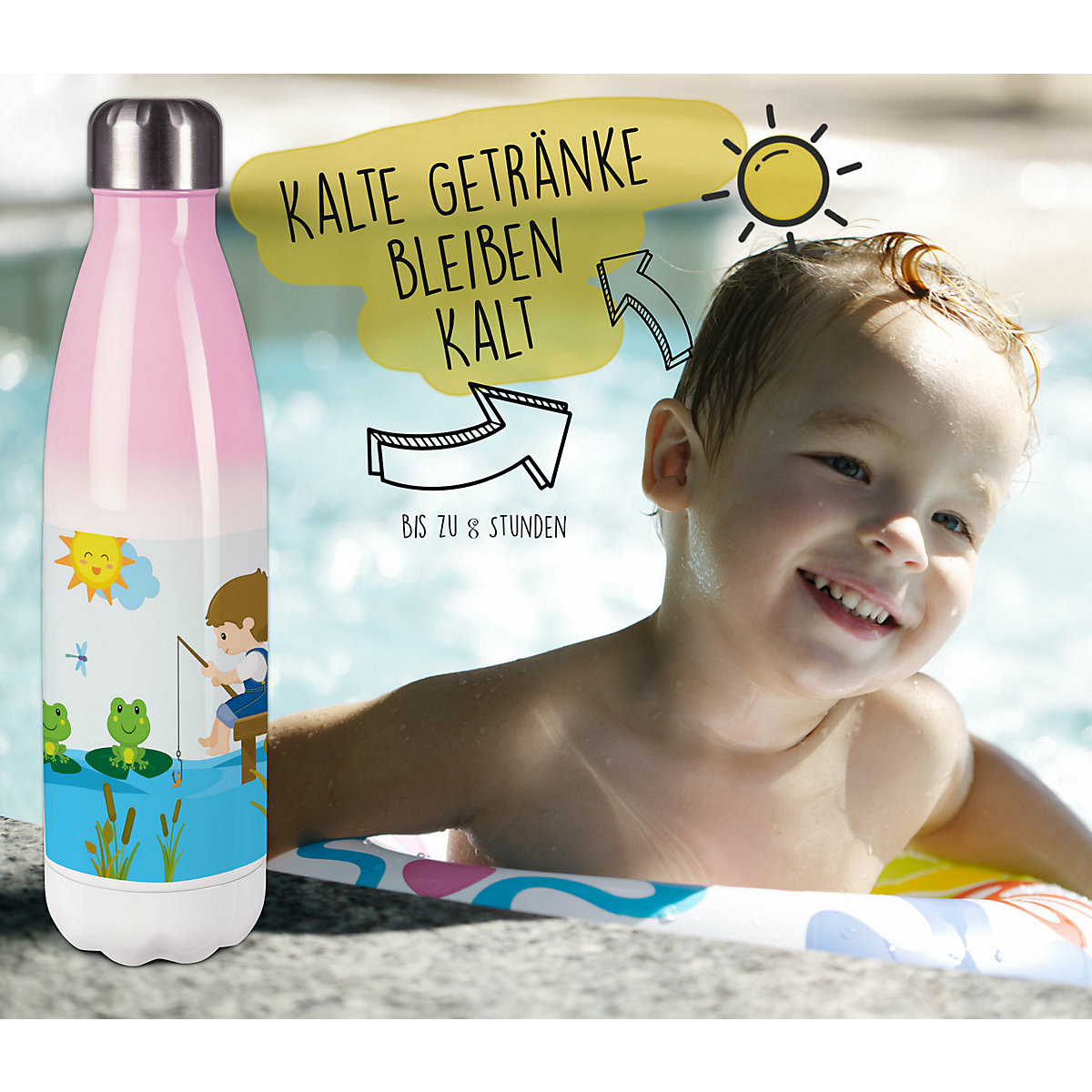 Edelstahl Kinder Thermoflasche / Trinkflasche bunt Froschteich Spülmaschinenfest, Auslaufsicher, Bruchfest, Doppelwandig, Für Heißgetränke geeignet, Mit Deckel, Isoliert