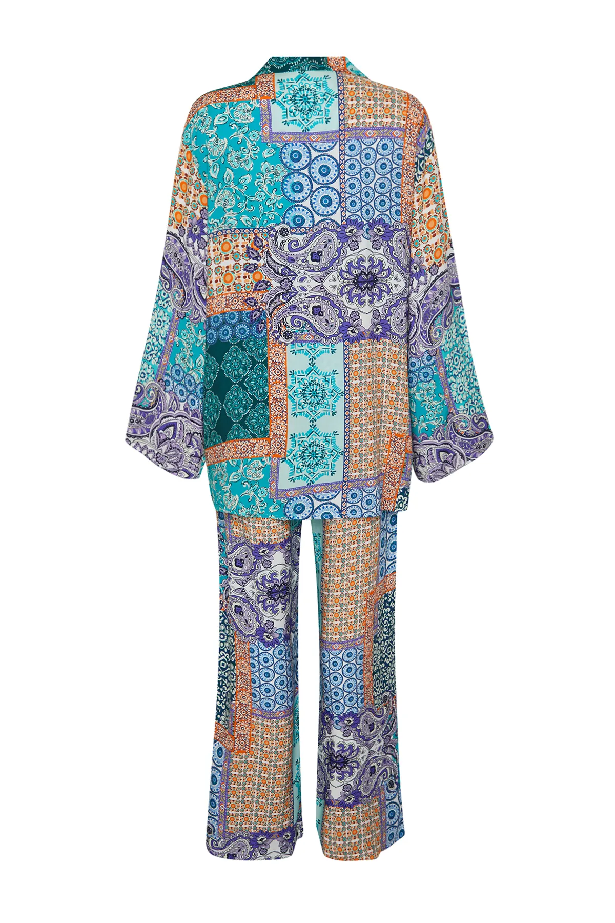 Trendyol Collection  Blauer Kimono mit Schalkragen und weitem Bein, gewebtes Viskoseoberteil und Unterteil TWOSS24AU00026