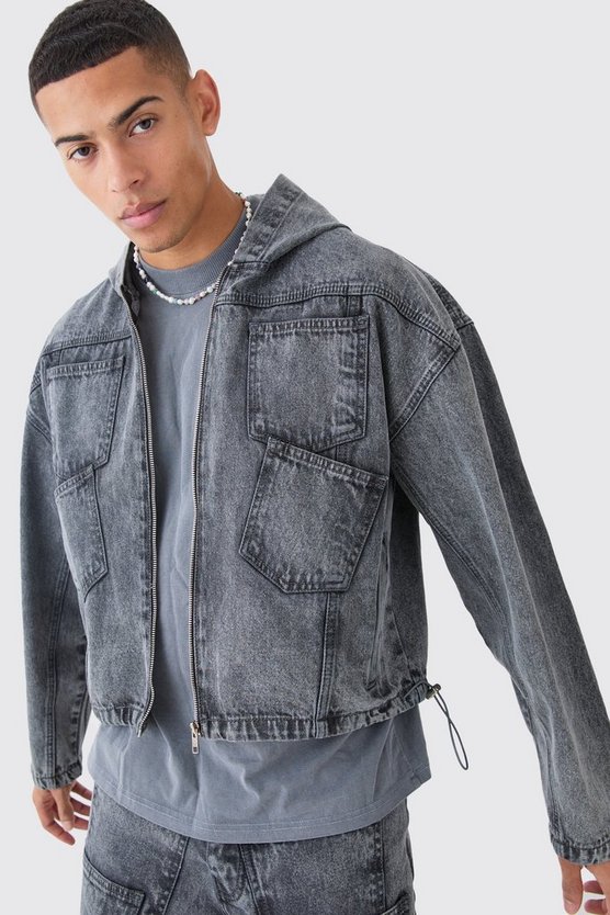 Kastiger Denim-Hoodie mit Acid-Waschung