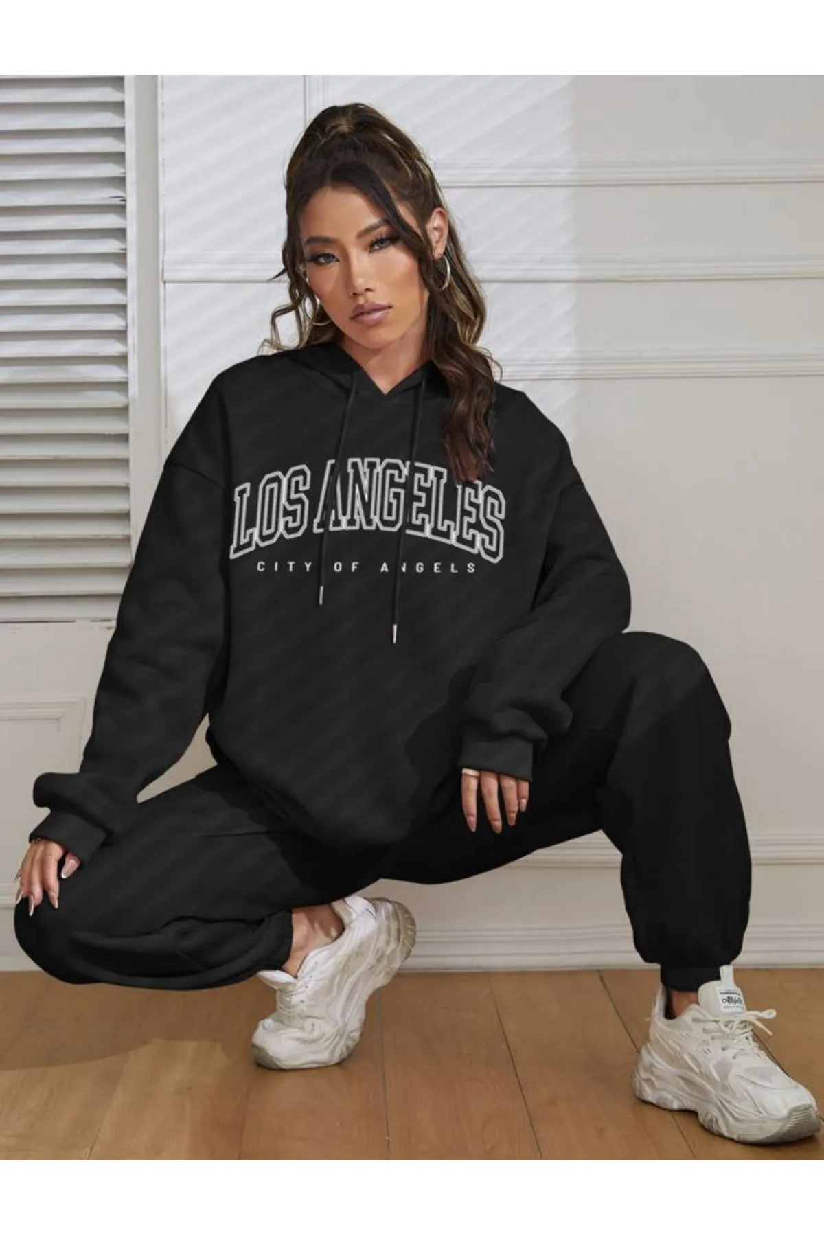 My Blog  Schwarzes Los Angeles-Trainingsanzugset mit Kapuze für Damen