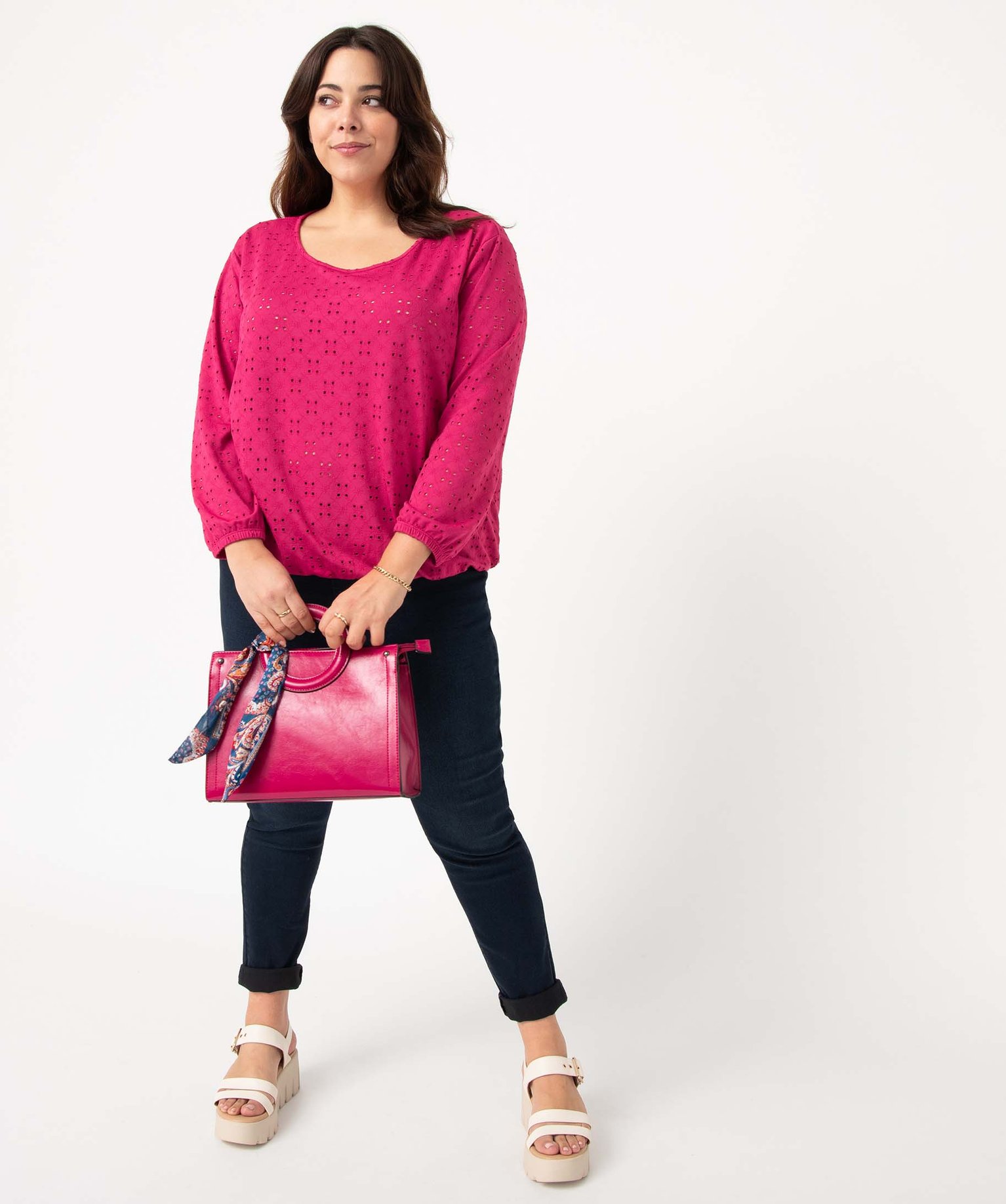 Tee-shirt femme grande taille ajouré à manches 3/4 rose | GEMO