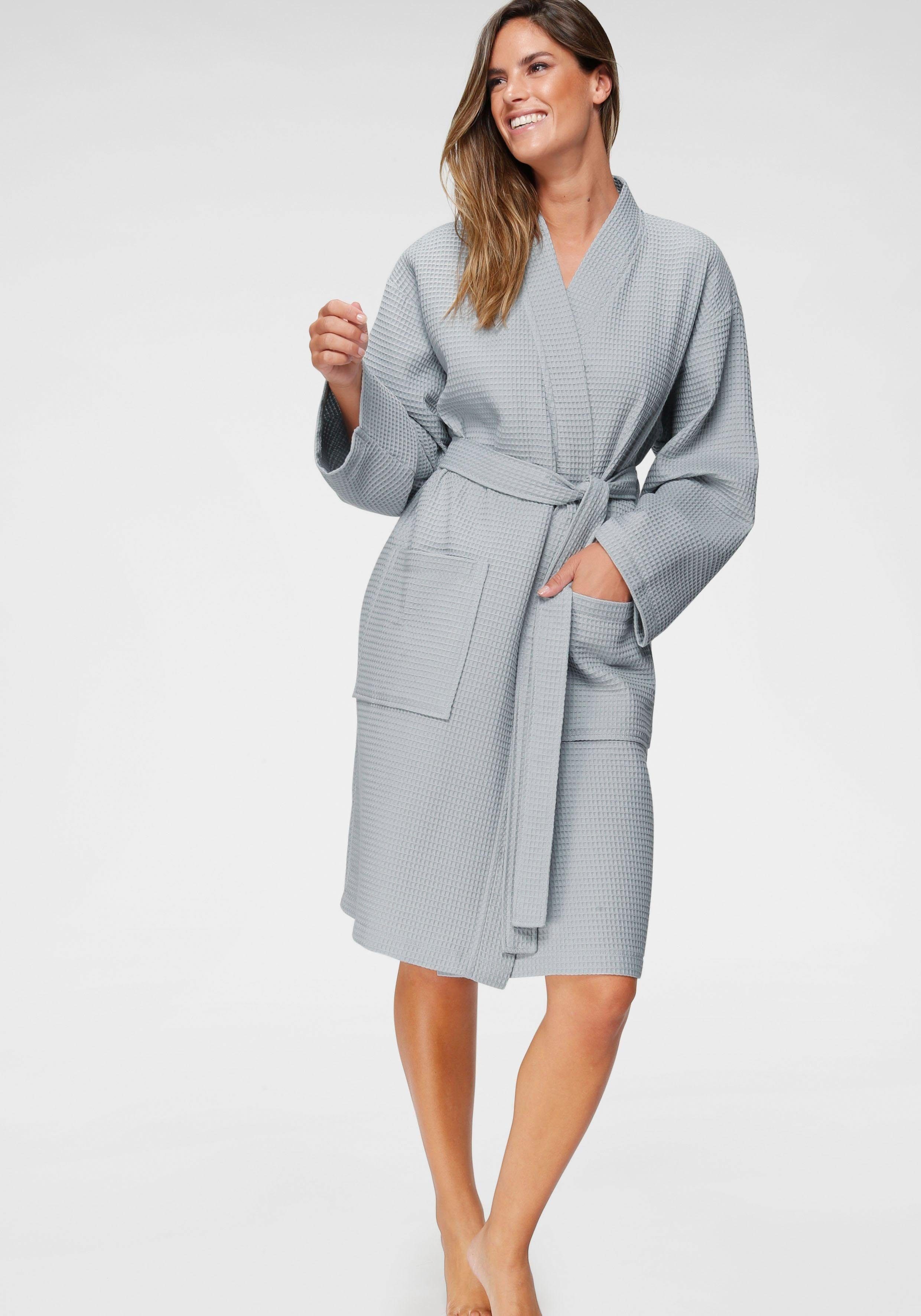 andas Unisex-Bademantel Nora, Kurzform, Waffelpiqué, Kimono-Kragen, Gürtel, Damen & Herren mit Kimono-Kragen, Waffelpiqué, reine Baumwolle, XS-2XL