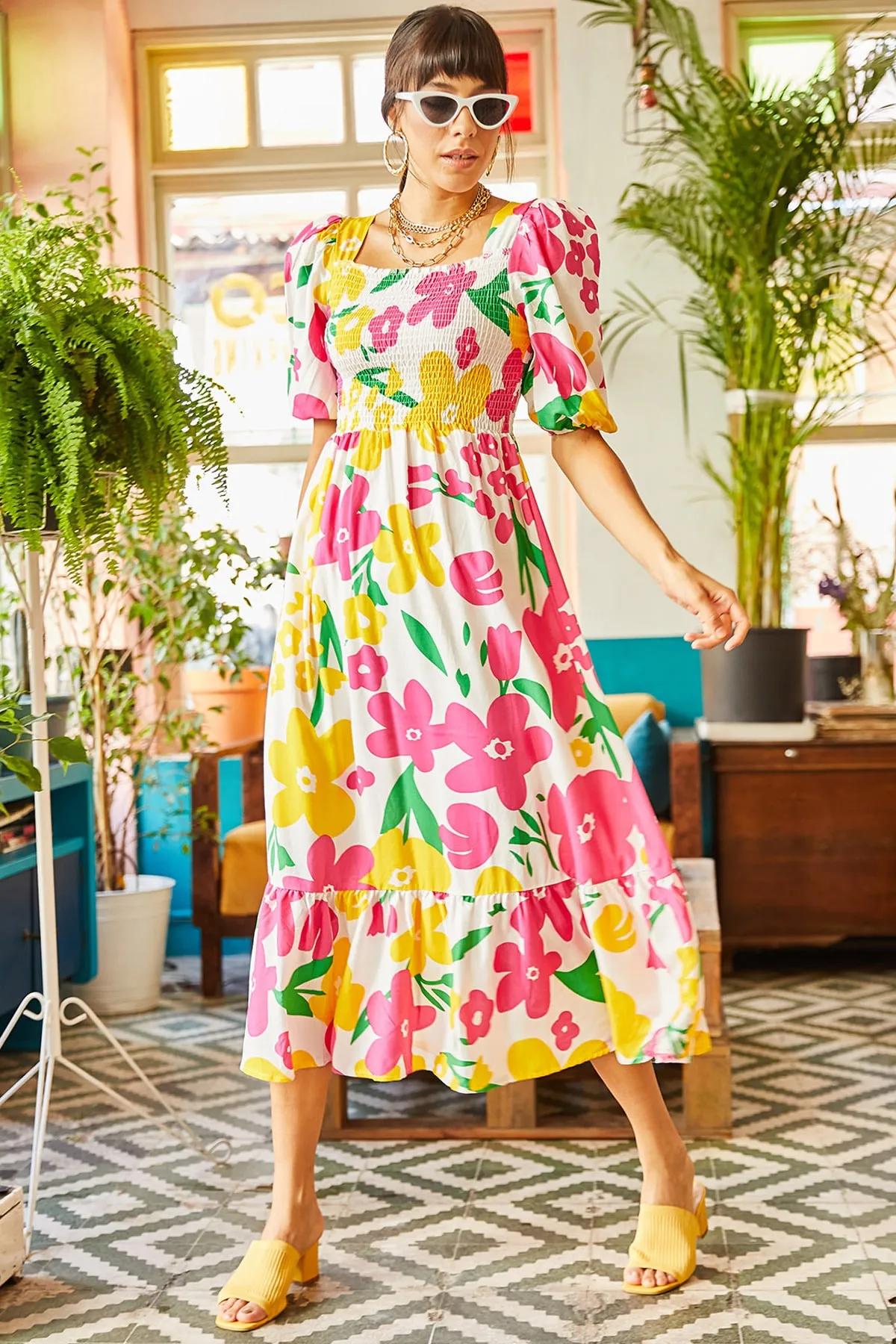 Olalook  Ecru Pink Gimped Lässiges Kleid aus gewebter Viskose für Damen ELB-19001483