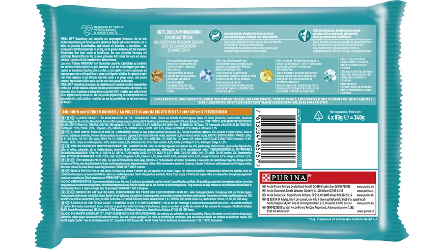 PURINA ONE Adult Zarte Stückchen in Sauce mit Huhn und grünen Bohnen Katzennassfutter 85 g