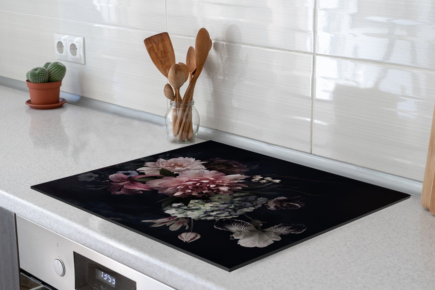 MuchoWow Herdblende-/Abdeckplatte Blumen - Vintage - Pastell - Rosa - Weiß, Vinyl, (1 tlg), 60x52 cm, Mobile Arbeitsfläche nutzbar, Ceranfeldabdeckung
