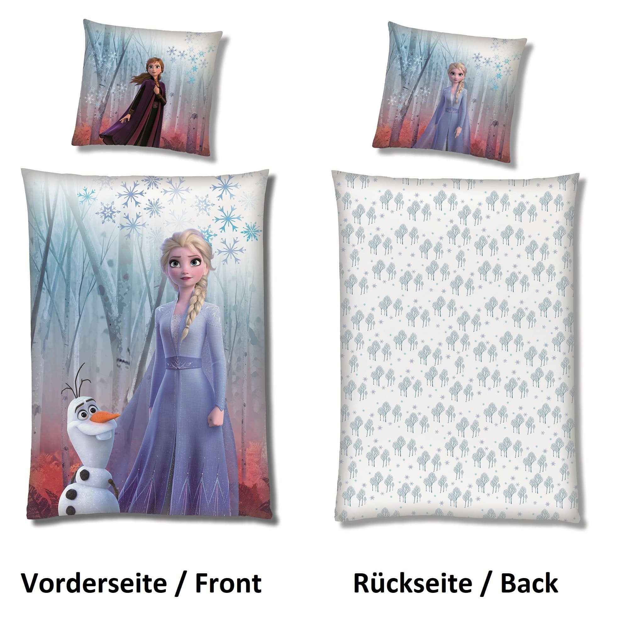 Kinderbettwäsche Frozen Eiskönigin 135x200 80x80 cm, extra flauschig mit Reißverschluss, Familando, Fleece, 2 teilig, mit Anna, Elsa und Olaf im Zauberwald