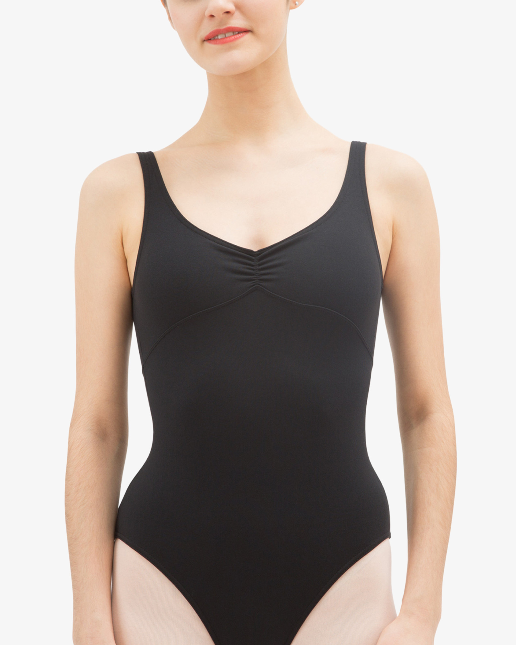 Gathered front and back leotard neckline