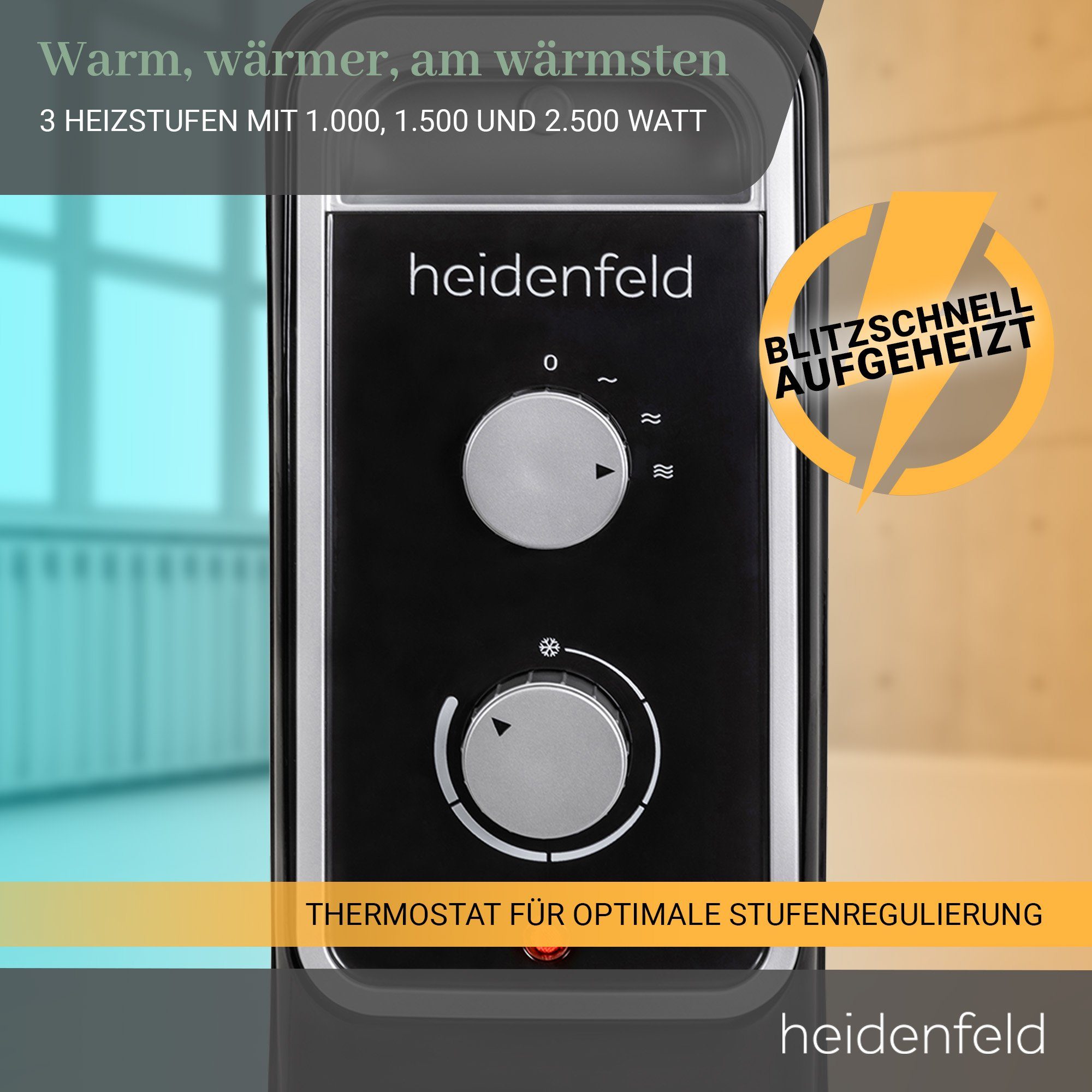 Heidenfeld Ölradiator Mobiler Elektro Heizkörper ÖR100 Heizung inkl. 3 J. Garantie, 2500 W, Thermostat - Heizstrahler - Elektroheizung - Heizlüfter