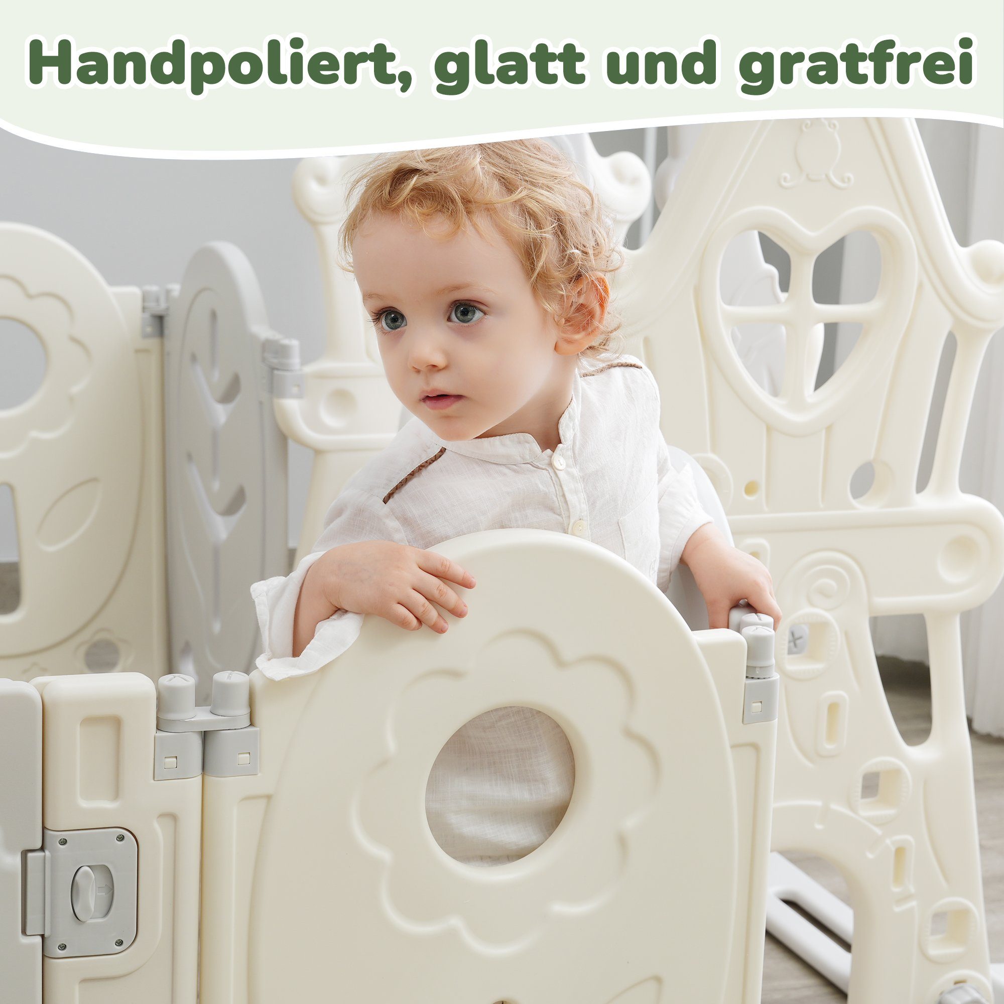 BlingBin Laufgitter 12+2Baby-Laufstall abnehmbar, faltbar (14-tlg), mit Tür, Spielbrett, Basketballkorb und Kinderschaukel, 200*160*90cm