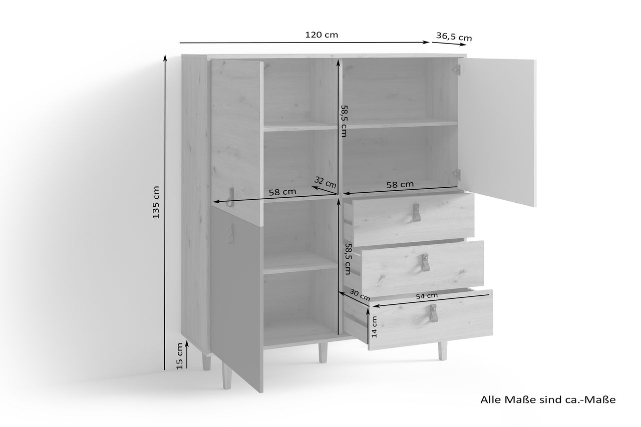 byLiving BILL Highboard, Breite 120 cm, Eiche-Optik, matt weiß anthrazit