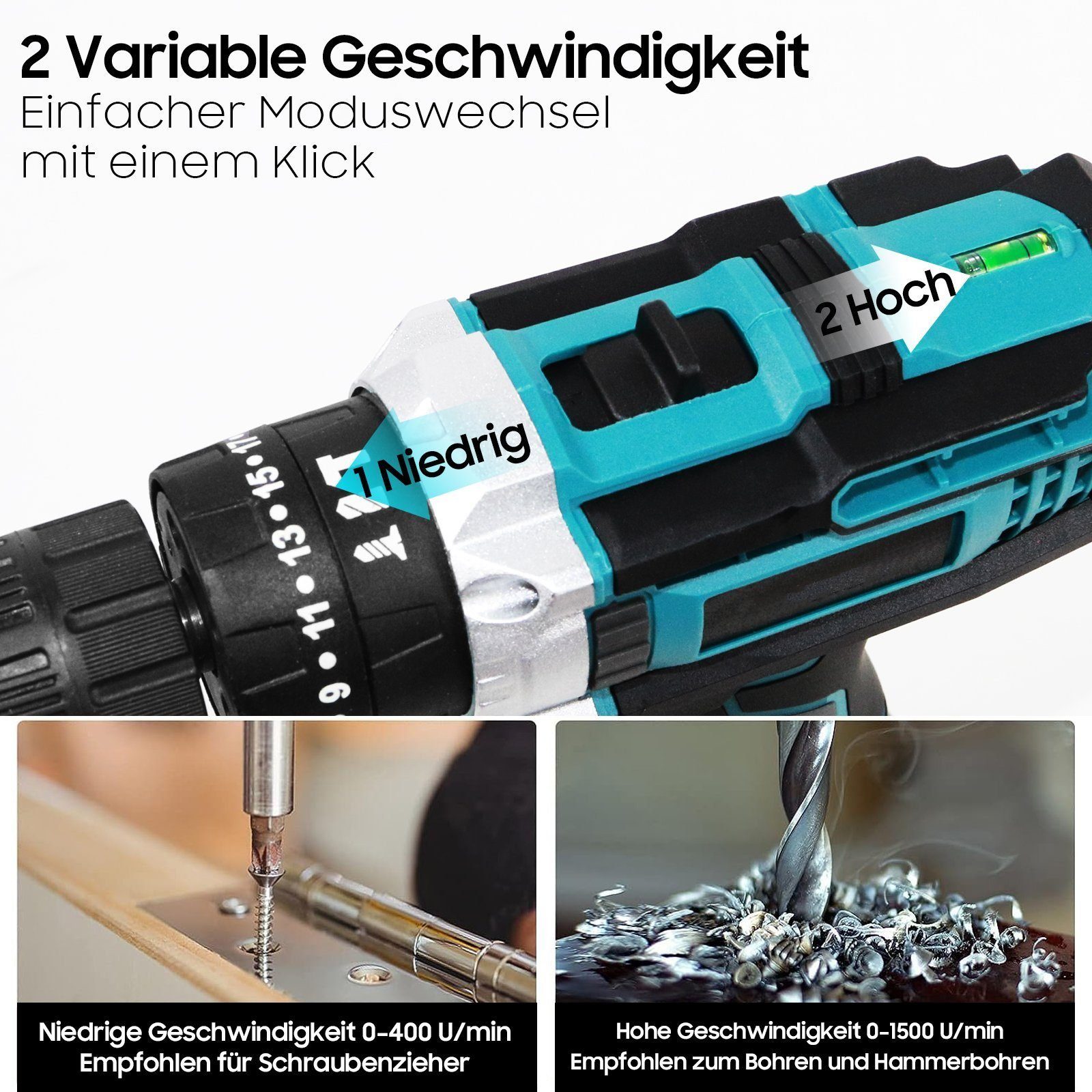 Aoucheni Akku-Bohrschrauber Akku-Schraubendreher Set, 21V Akku-Bohrschrauber mit 2 Akkus, max. 1350,00 U/min, Led Light, mit Akku Ladegerät und Werkzeugkoffer