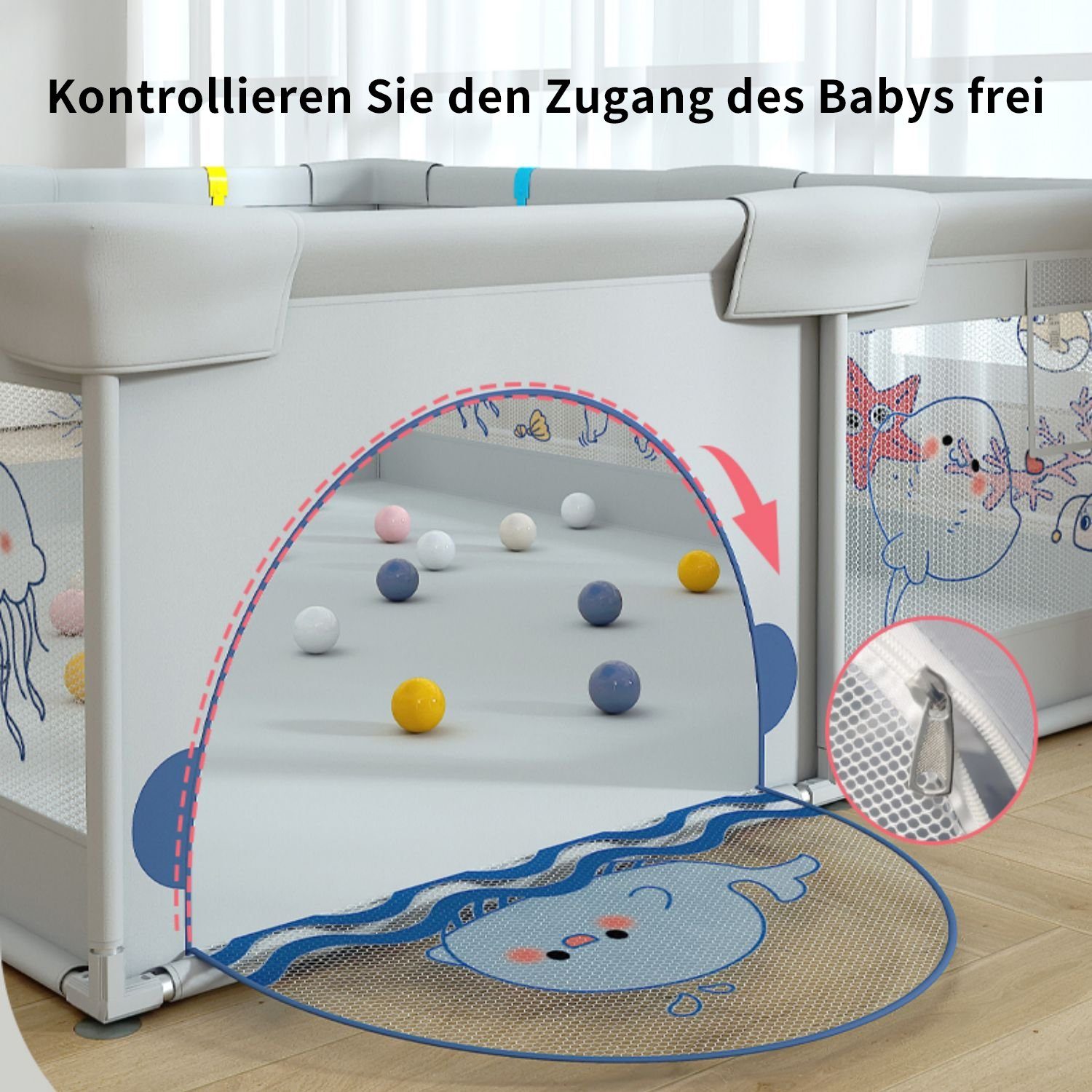 FOXSPORT Laufstall Laufgitter Baby Laufstall Schutzgitter mit atmungsaktivem Netz (180 x 200 x 65 m Große Sicherheitsspielplatz mit Reißverschluss), Krabbelgitter für Kinder, mit 60 Spielbällen, mit Rutschfester Basis