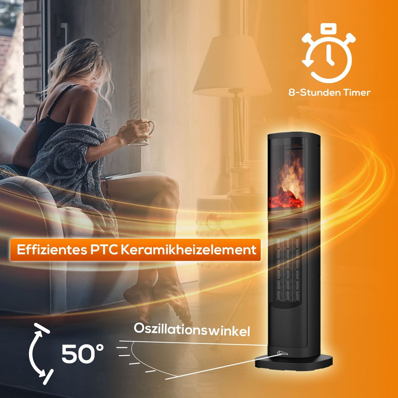TroniTechnik Turmheizer mit Keramikelement,Heizgerät Flammeneffekt,2000 W, PTC Keramik, Schwarz