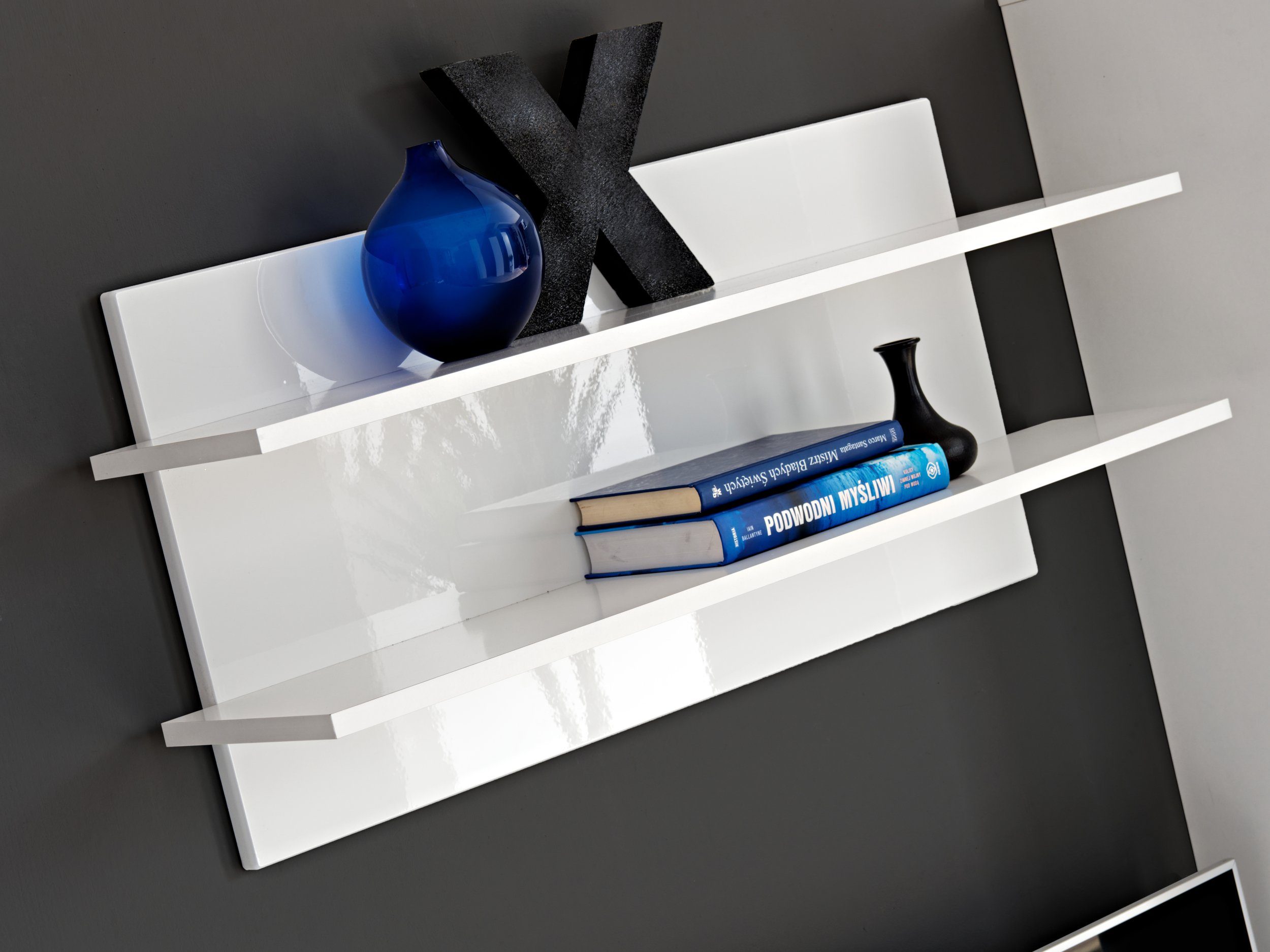 Stylefy Wohnwand Spree Weiß, Weiß Hochglanz, (Wohnmöbel, Wohnzimmer-Set, Set (4-St), bestehend aus 1xStandvitrine, 1xHängevitrine, 1xLowboard, 1xWandboard, inkl. LED-Beleuchtung, mit Glaseinsatz,variabel stellbar und hängbar, Hochglanzfronten