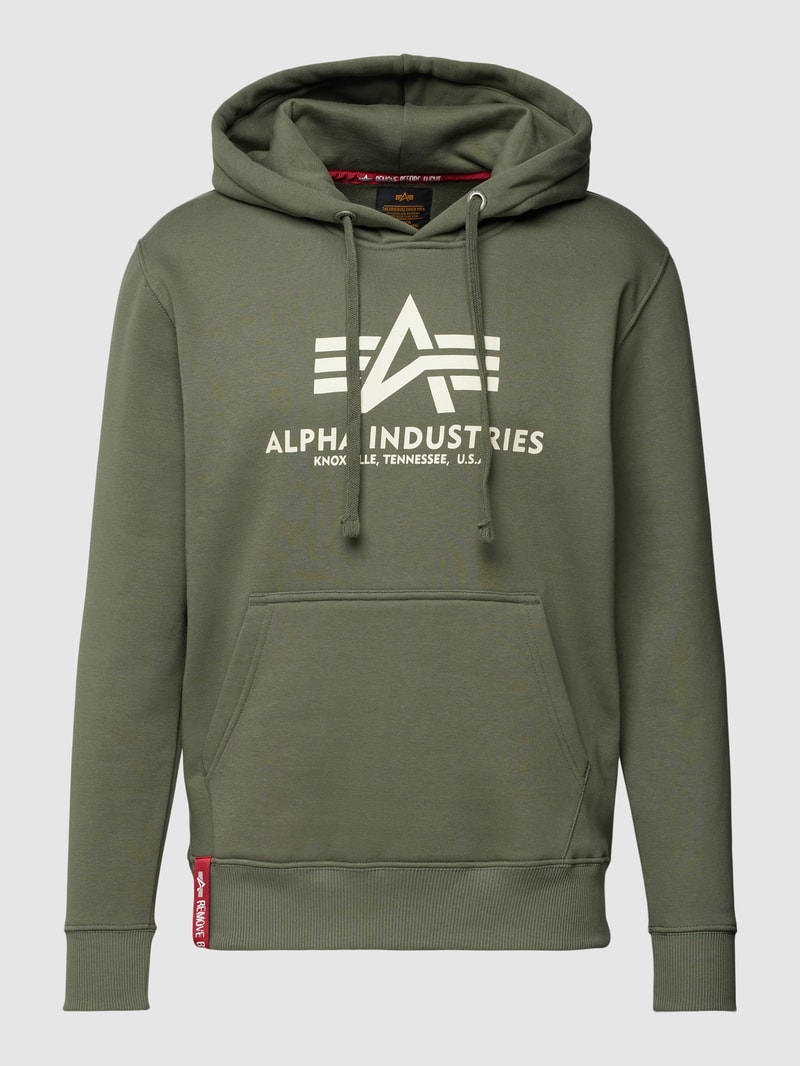 Hoodie mit Label-Print Modell 'BASIC' in dunkelgrün