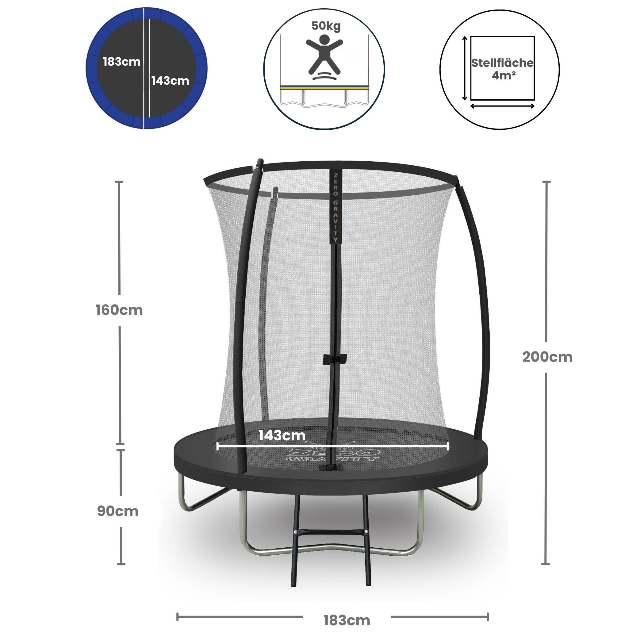 Zero Gravity Gartentrampolin Ø183/244/305/366/427 cm, Leiter & Sicherheitsnetz, TÜV cert, Trampolin