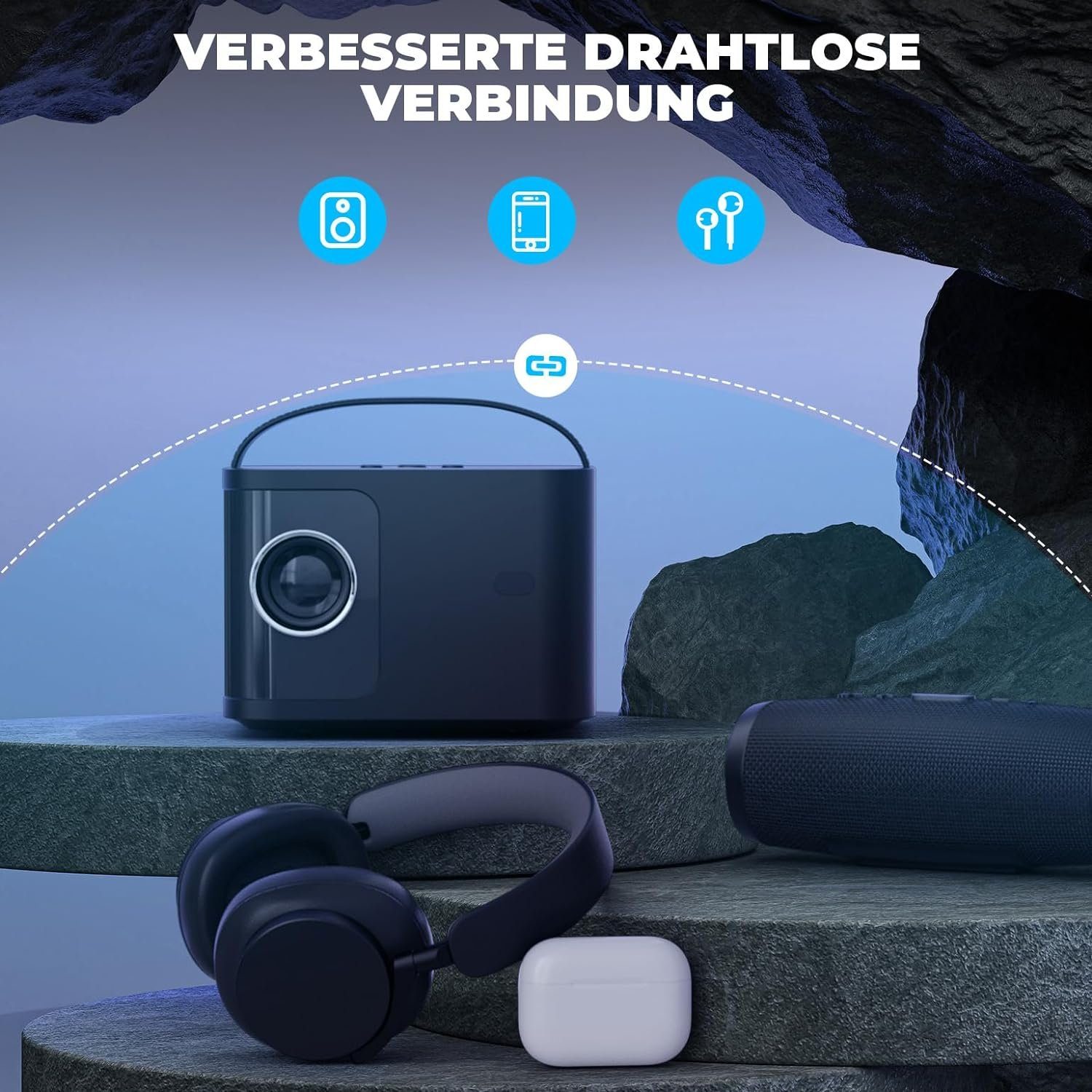 DEERFAMY 1080P 4K unterstützt ±40° Trapezkorrektur Portabler Projektor (15000 lm, 15000:1, Maximal 120