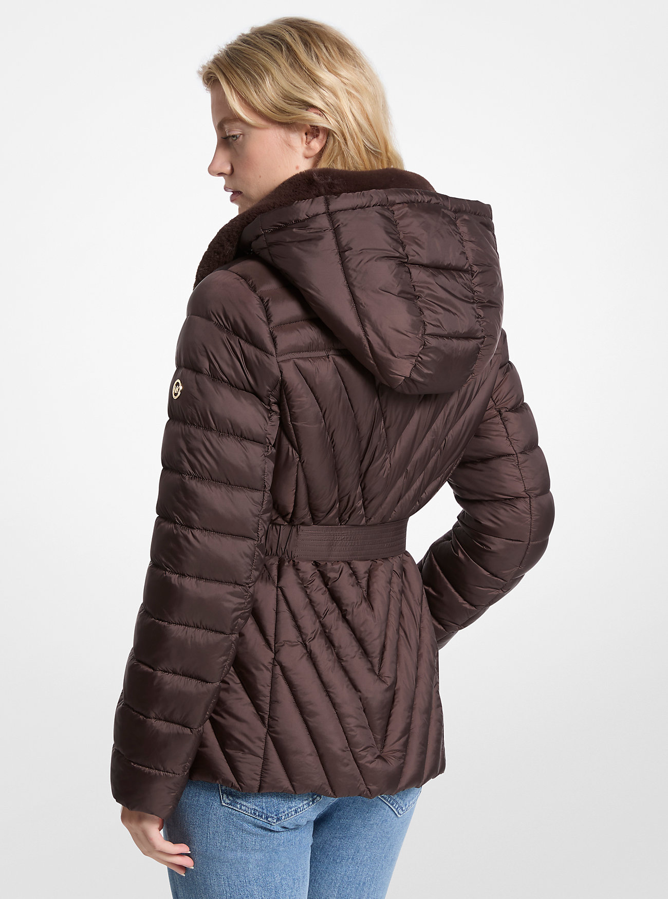 Faux Fur Trim Packable Nylon Puffer Jacket - CHOCOLATE