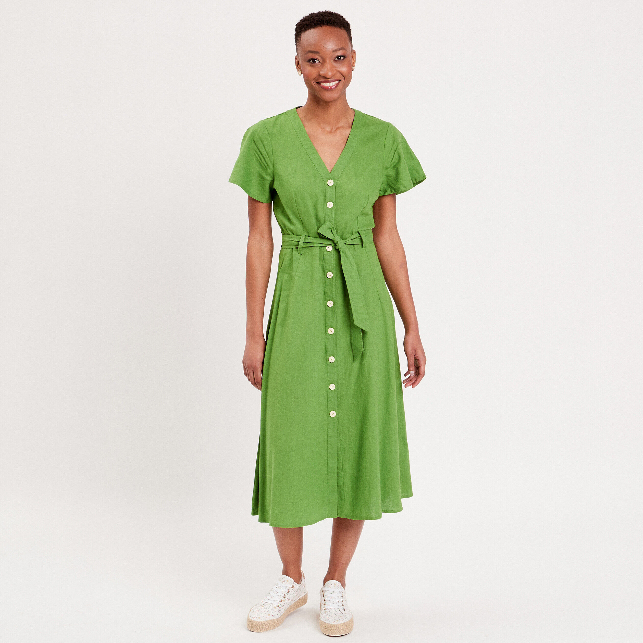Robe boutonnée à manches courtes vert femme | Cache Cache