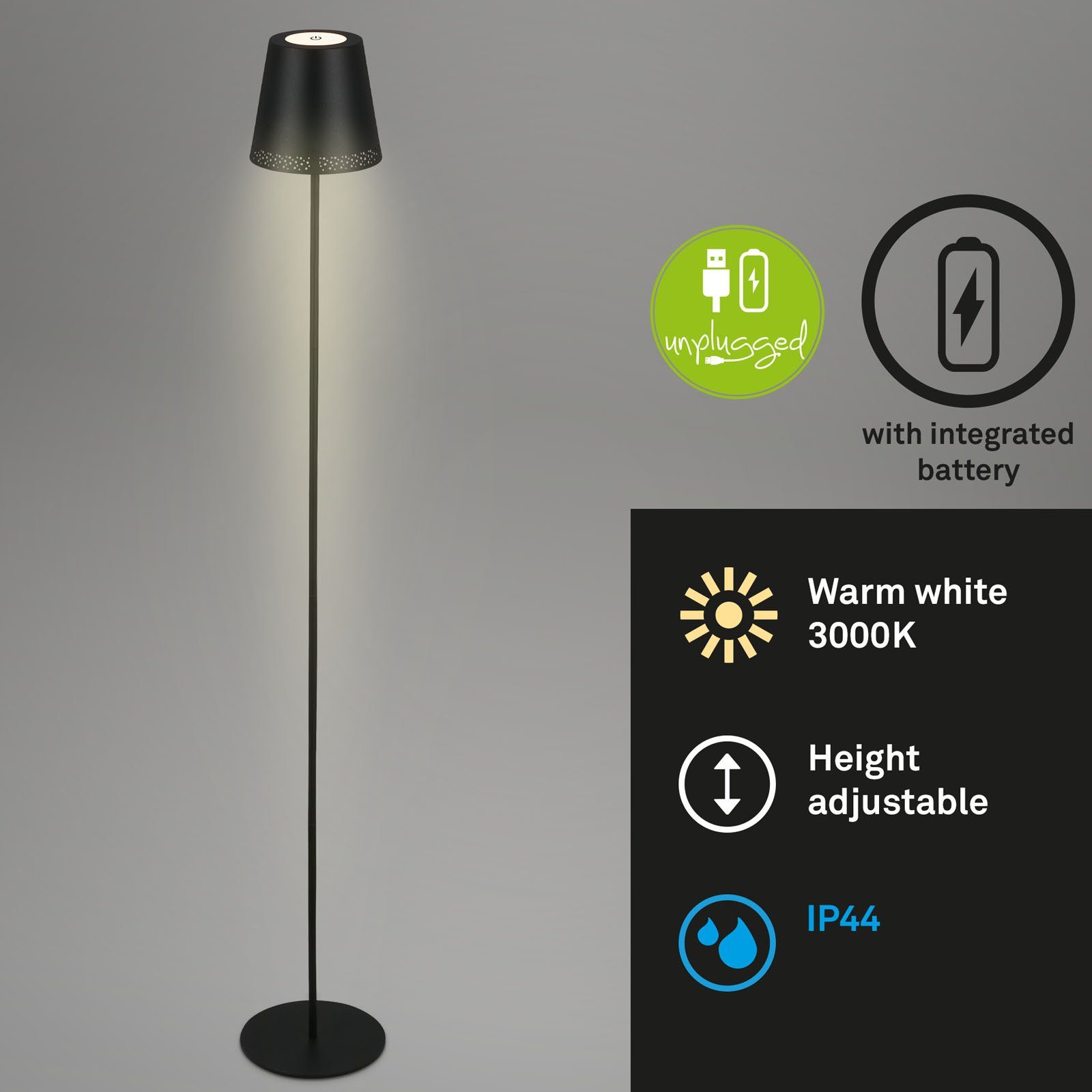 Briloner Leuchten LED Außen-Stehlampe 1438015, LED fest verbaut, Warmweiß, 5m, USB, mit Kabelschalter, einmalig kürzbar, IP20