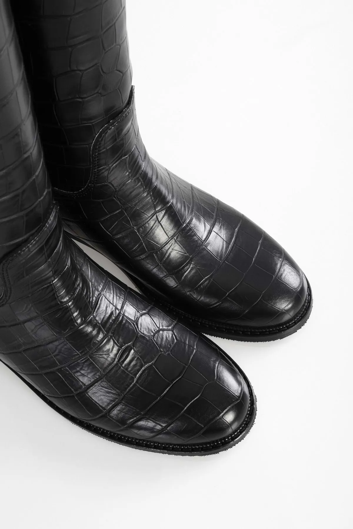Shoeberry  Damen Matia Black Crocodile Rider Lange Stiefel