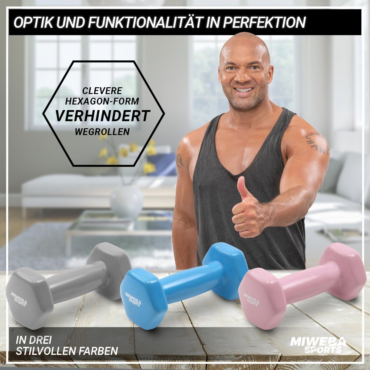 Miweba Sports Hantel-Set Gymnastikhanteln NKH110 - Vinyl, (rutschfest - bodenschonend - Fitness - Sport - Muskelaufbau - Pilates - Workout - Training - Krafttraining, 1 kg - 2 kg - 3 kg, 3 Farben, Hexagon-Form, Vinyl, 2er-Set), Kurzhantel Aerobic Han