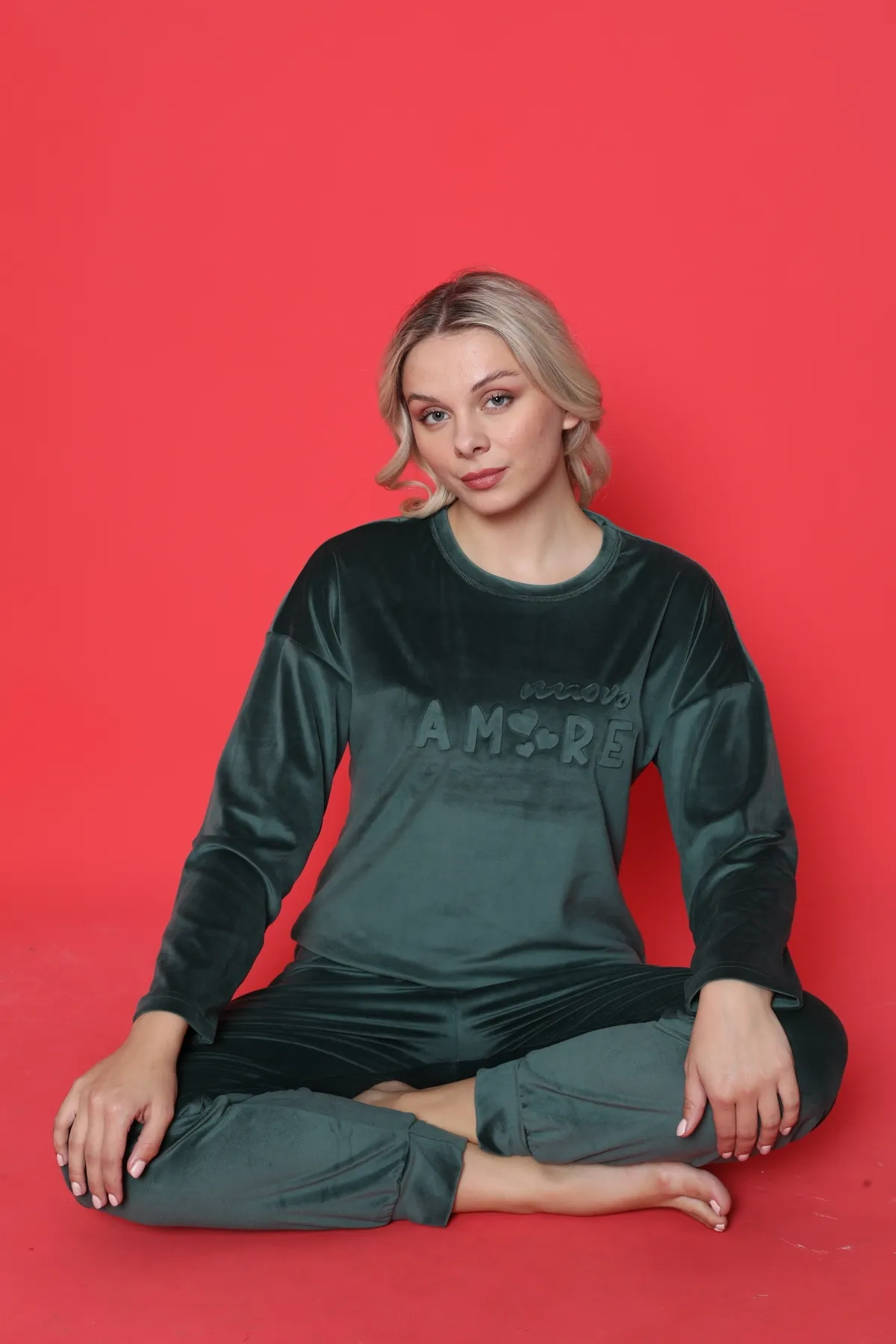 AHENGİM  Pyjama-Set für Jugendliche, französischer Samt, Amore, bedruckt, mit Spatenmanschette, Winter, saisonal, W20432250