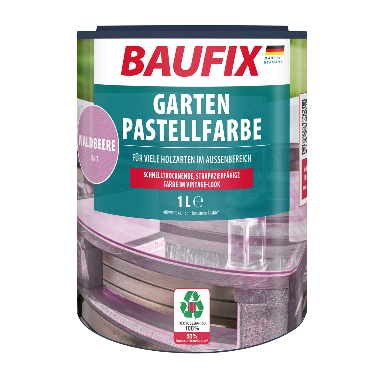 Baufix Garten Pastellfarbe waldbeere halbtransparent matt, 1 Liter, Holzfarbe
