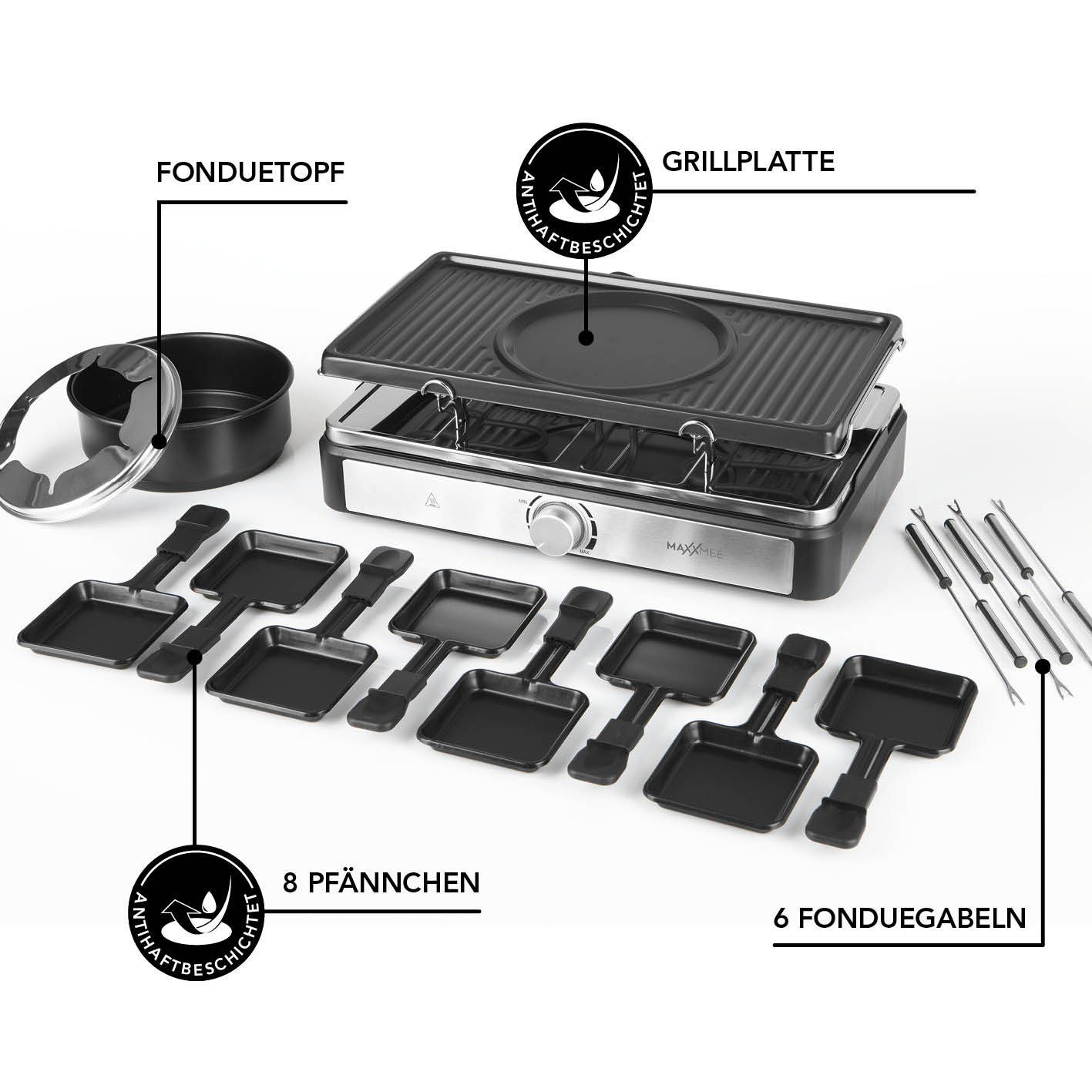 MAXXMEE Raclette und Fondue-Set Antihaft Platte 6 Gabeln & 8 Pfännchen fettarm 44x27cm