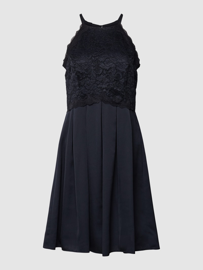 Knielanges Cocktailkleid mit Spitzenbesatz in marineblau meliert