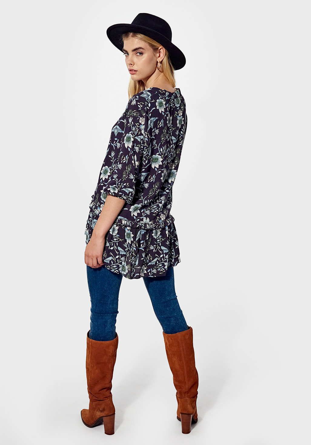 SIJAN  Blouse loose Femme fleurie bleue