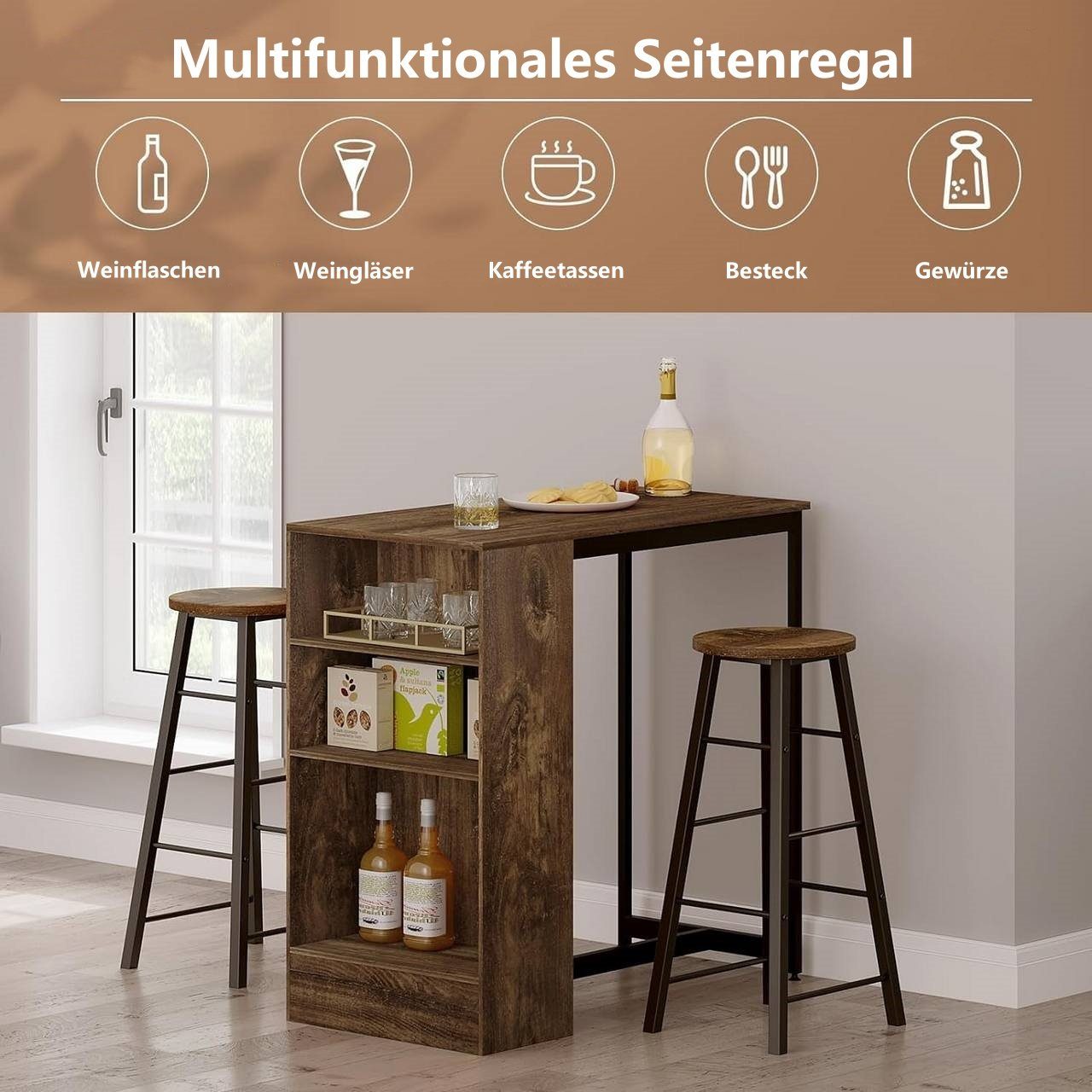 Woltu Bartisch (1-St), mit 3 Regalfächern, aus Holzwerkstoff 91x49x91 cm
