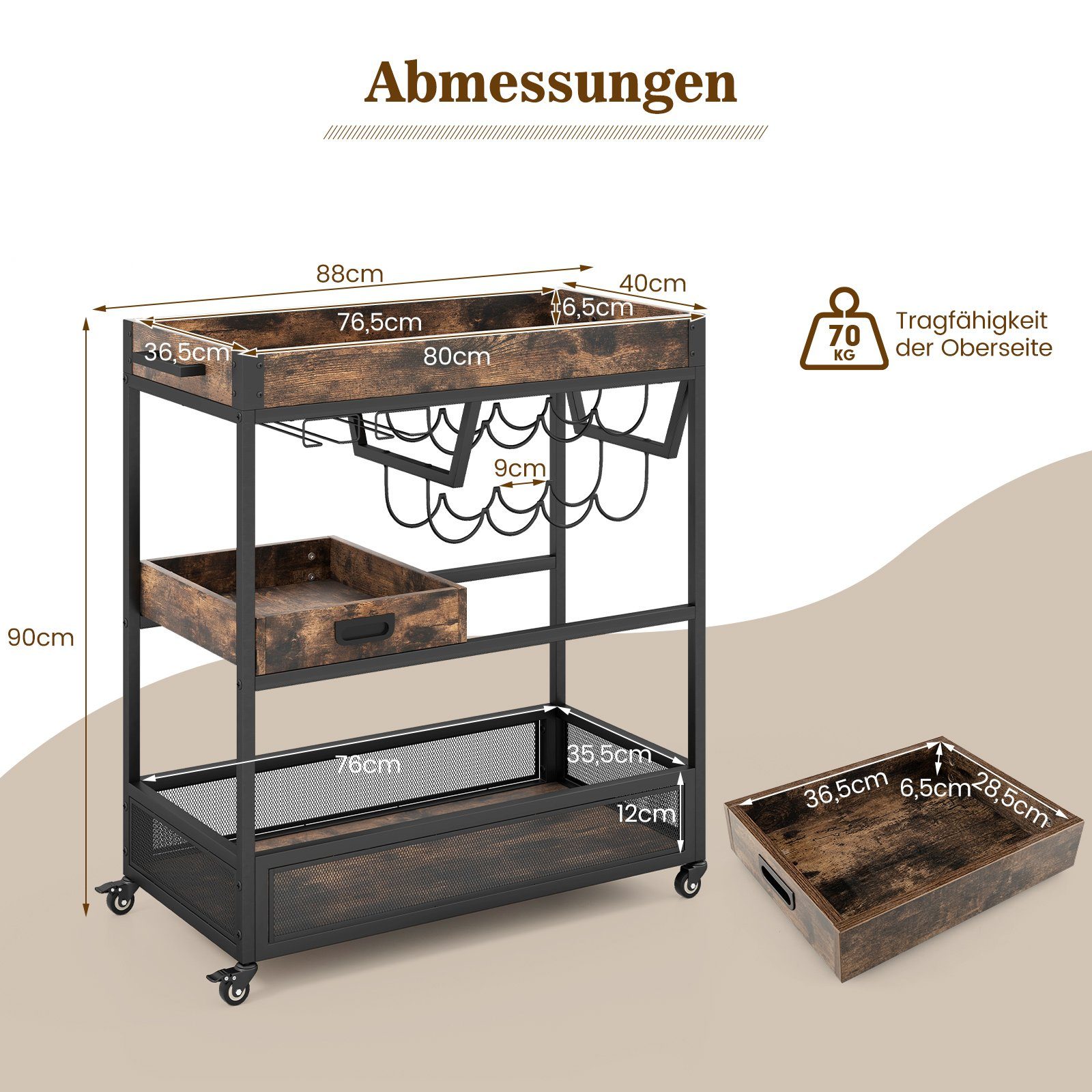 COSTWAY Servierwagen, 3 Ebenen mit abnehmbarer Ablage & Weinglashalter