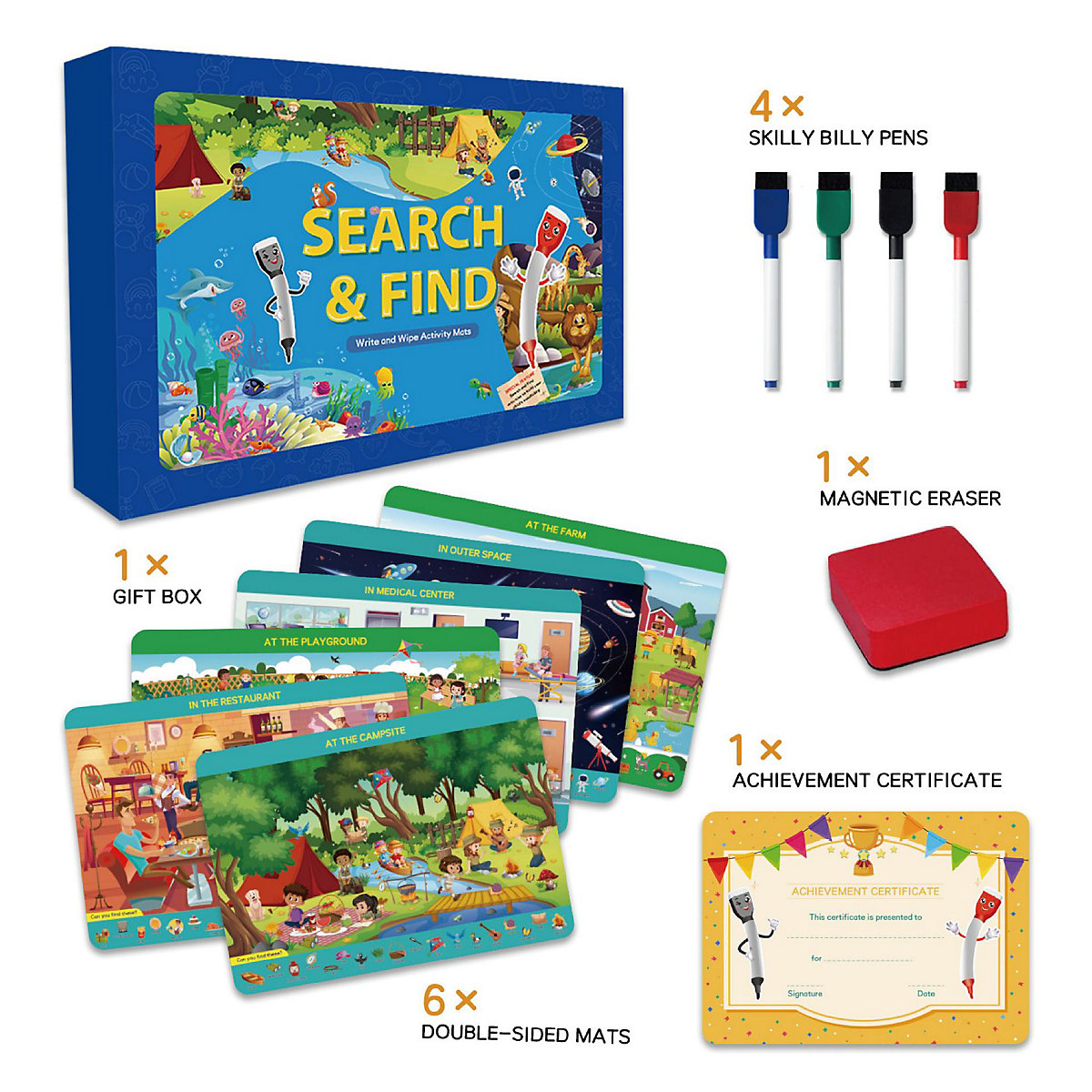 Zeichenmatte für Kinder im Vorschulalter Vorschullernen, pädagogisches Suchen und Finden von Karteikarten, wiederverwendbare Aktivitätsmatte, Spielzeugbuch