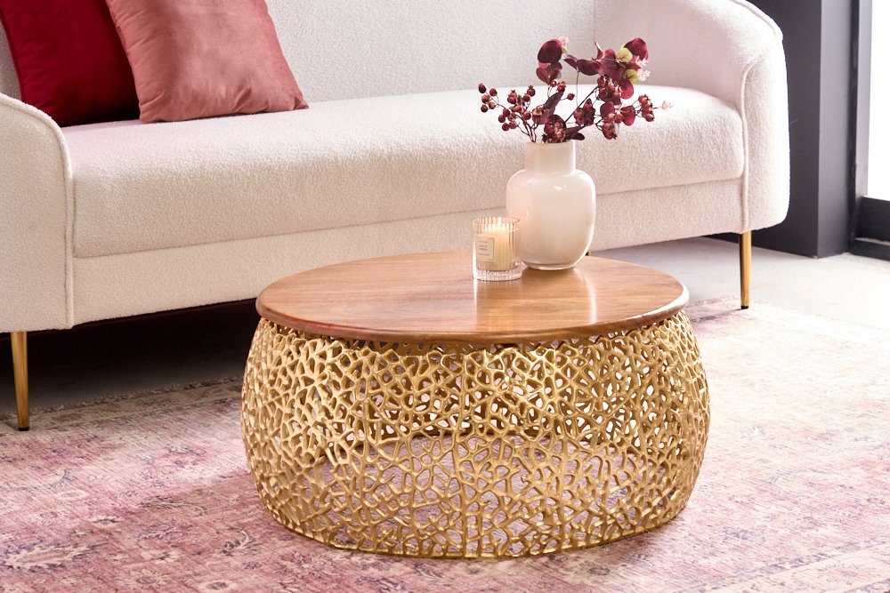 riess-ambiente Couchtisch ABSTRACT LEAF Ø75cm gold / braun (Einzelartikel, 1-St), Wohnzimmer · Massivholz · Metall · rund · handmade · Modern Design