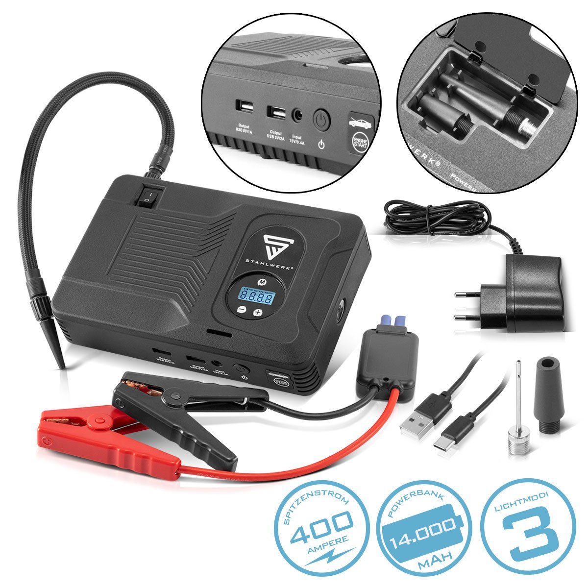 STAHLWERK Multifunktions Powerbank Autostarthilfe PS-1400 ST Autobatterie-Ladegerät (400 mA, Packung, 8-tlg)