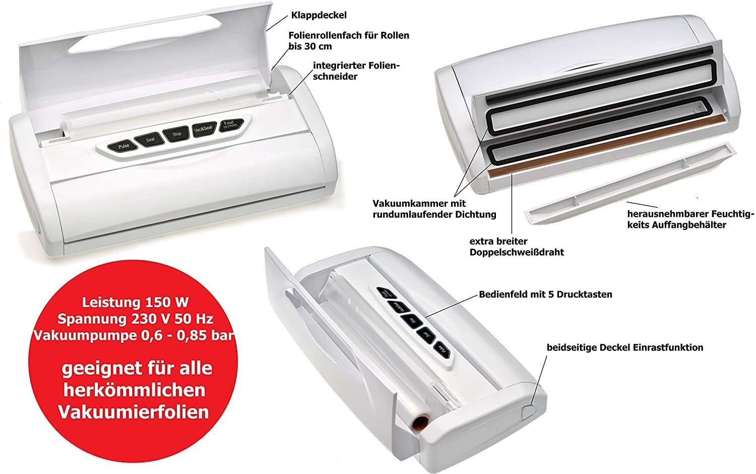 JUNG Vakuumierer Vacupack 2in1 Vakuumiergerät mit Folienschweißer, Vakuumiergeräte, 150,00W, Vakumiergerät Lebensmittel Folienschweißgerät Einschweißgerät