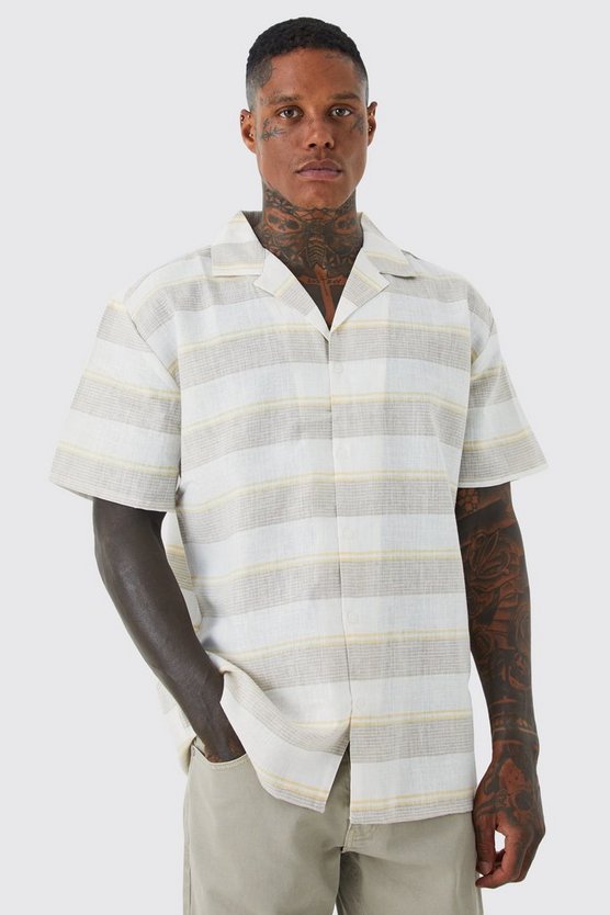 Kurzärmliges gestreiftes Oversize Colorblock Hemd