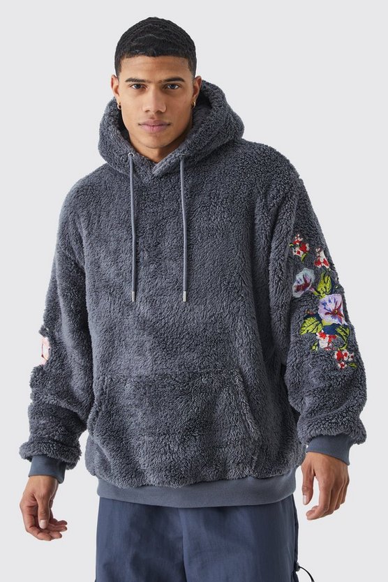 Floraler Oversize Borg-Trainingsanzug mit Kapuze und Stickerei